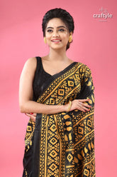 Orange yellow thread work silk kantha saree in black black gold patterned saree sleeveless 2