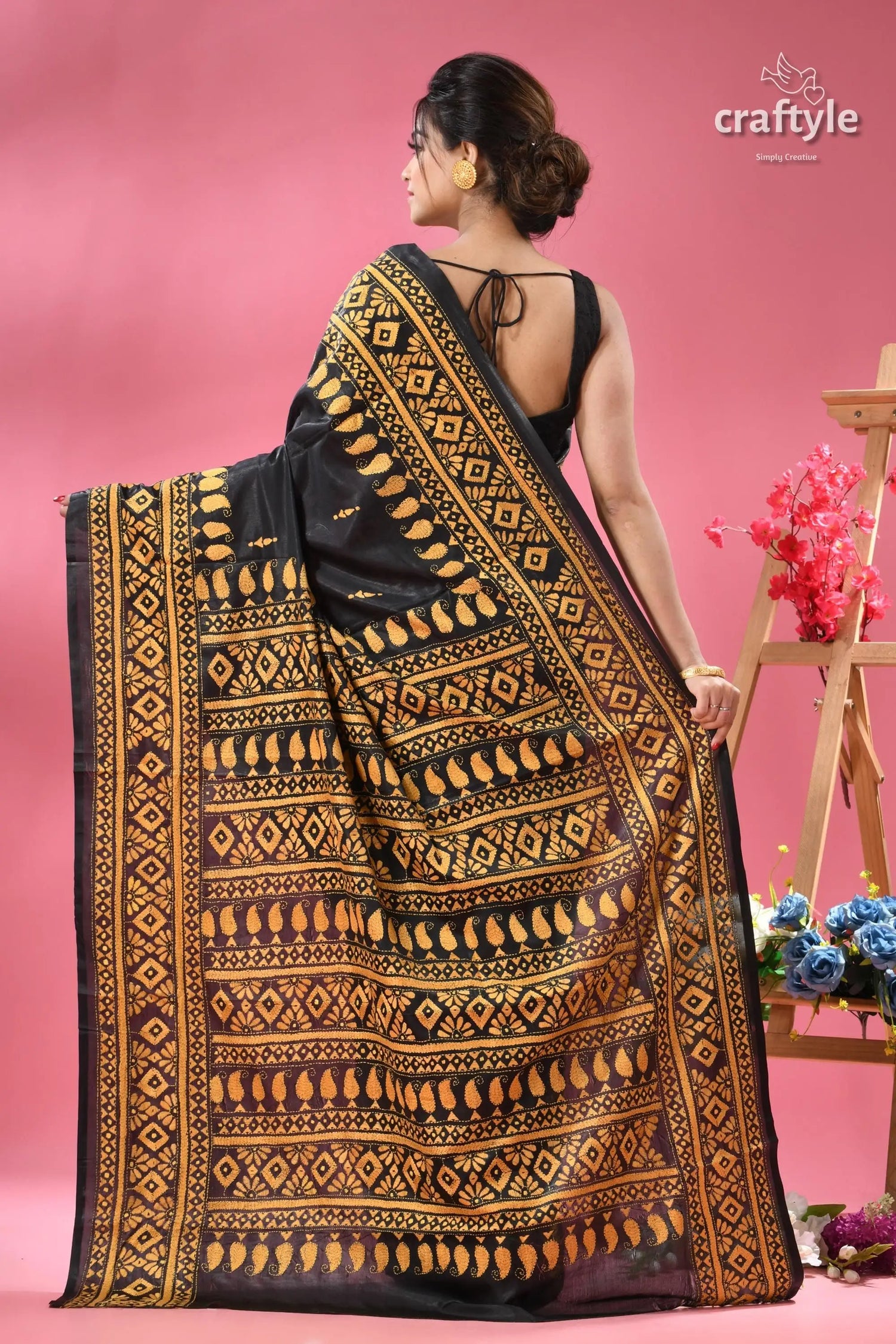Orange yellow thread work silk kantha saree in black black gold printed saree intricate 4