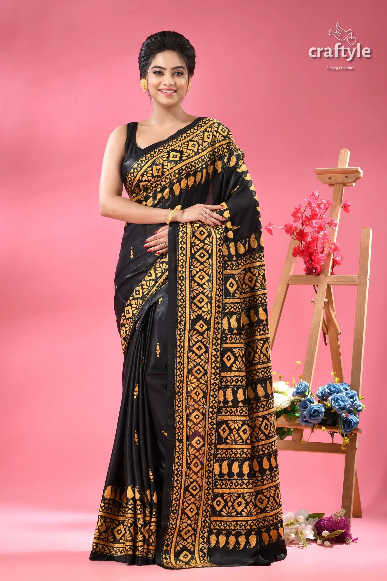 Orange yellow thread work silk kantha saree in black black gold patterned silk saree 1