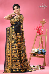 Orange yellow thread work silk kantha saree in black black gold patterned saree 5