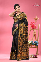 Orange yellow thread work silk kantha saree in black black gold printed saree blouse 6