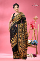 Orange yellow thread work silk kantha saree in black black silk saree golden geometric 3