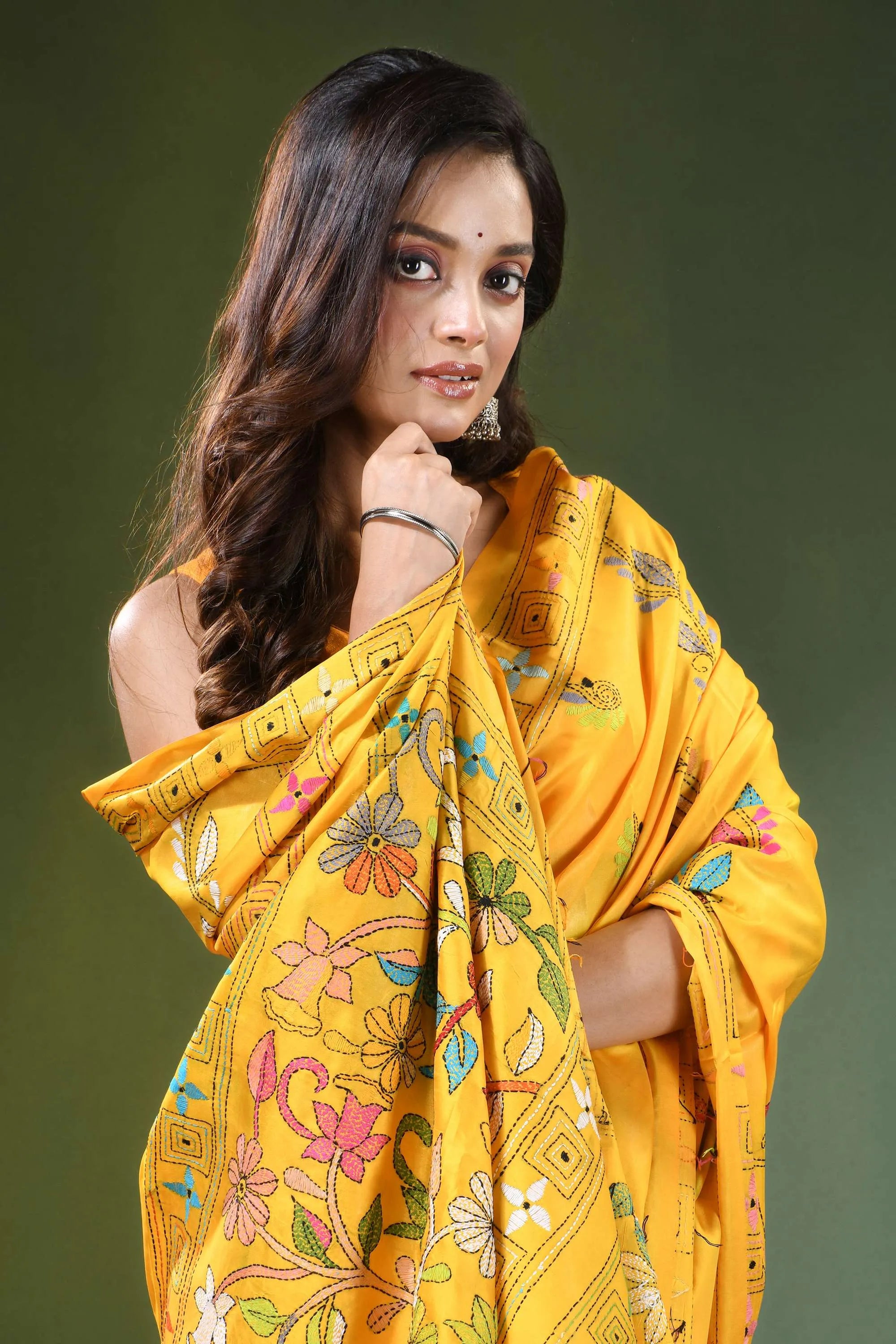 Orangey yellow handcrafted floral design kantha stitch silk saree vibrant embroidered dupatta intricate 2