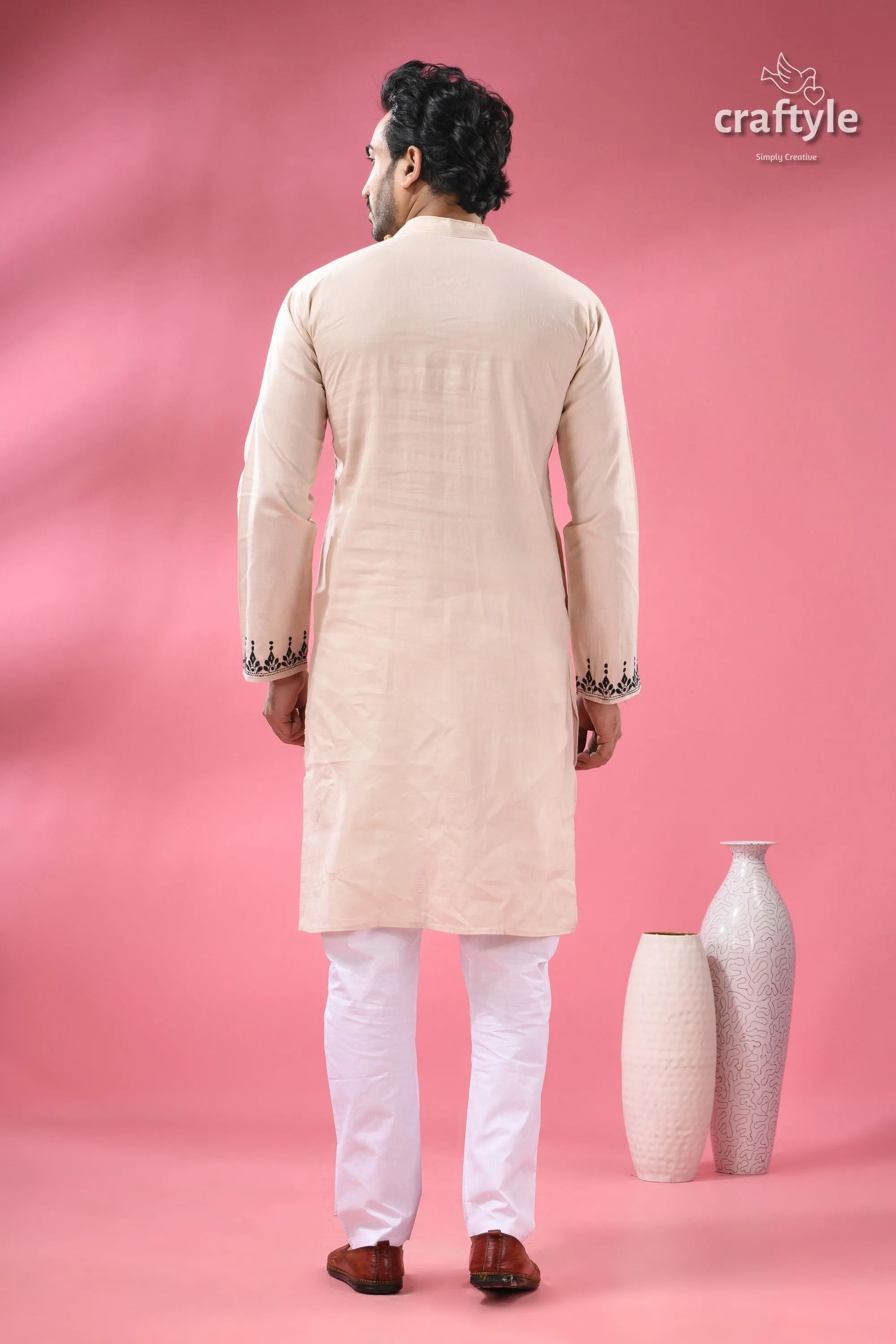 Orchid white black thread hand kantha work men’s kurta beige white traditional indian kurta 6