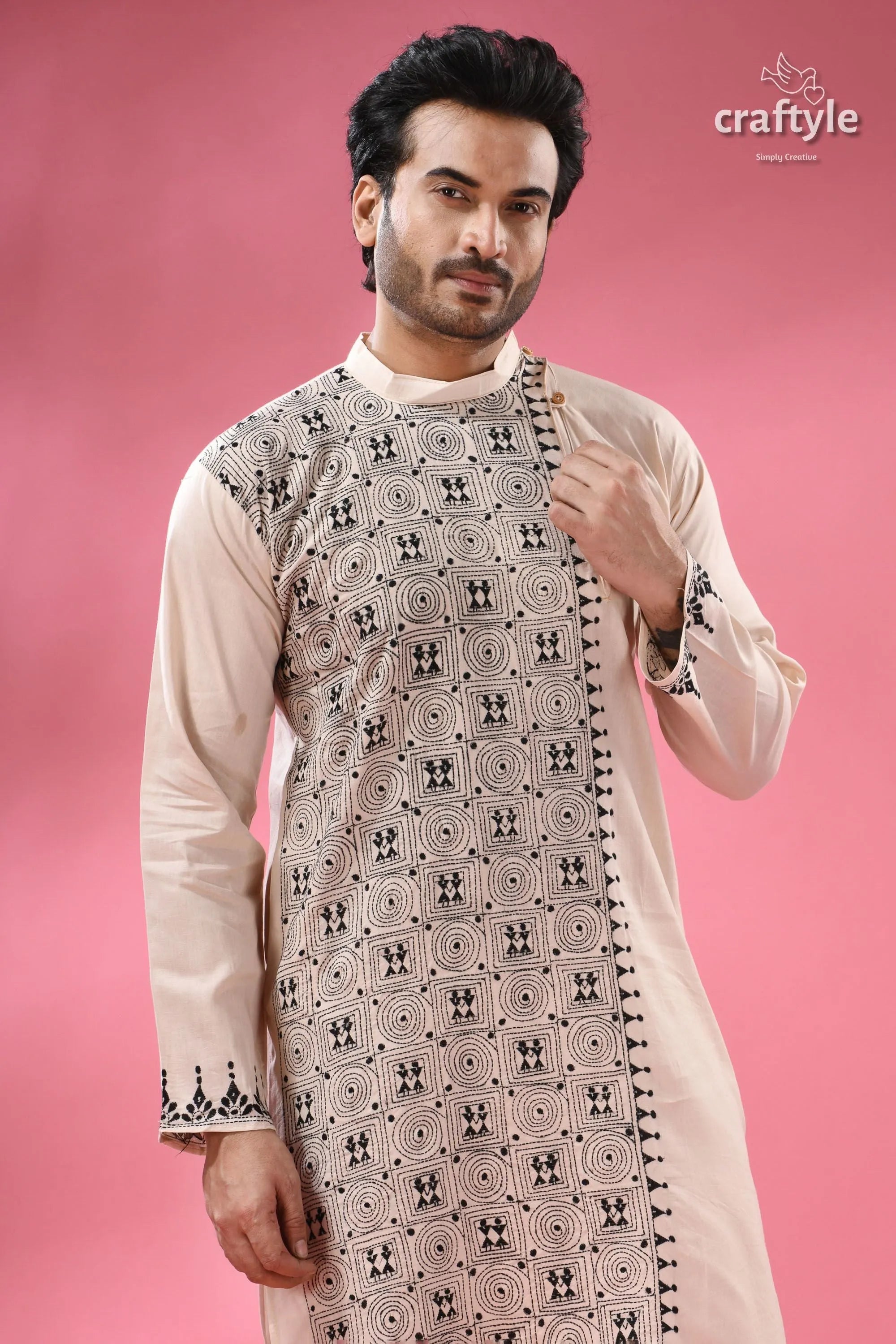 Orchid white black thread hand kantha work men’s kurta beige white patterned kurta intricate 2