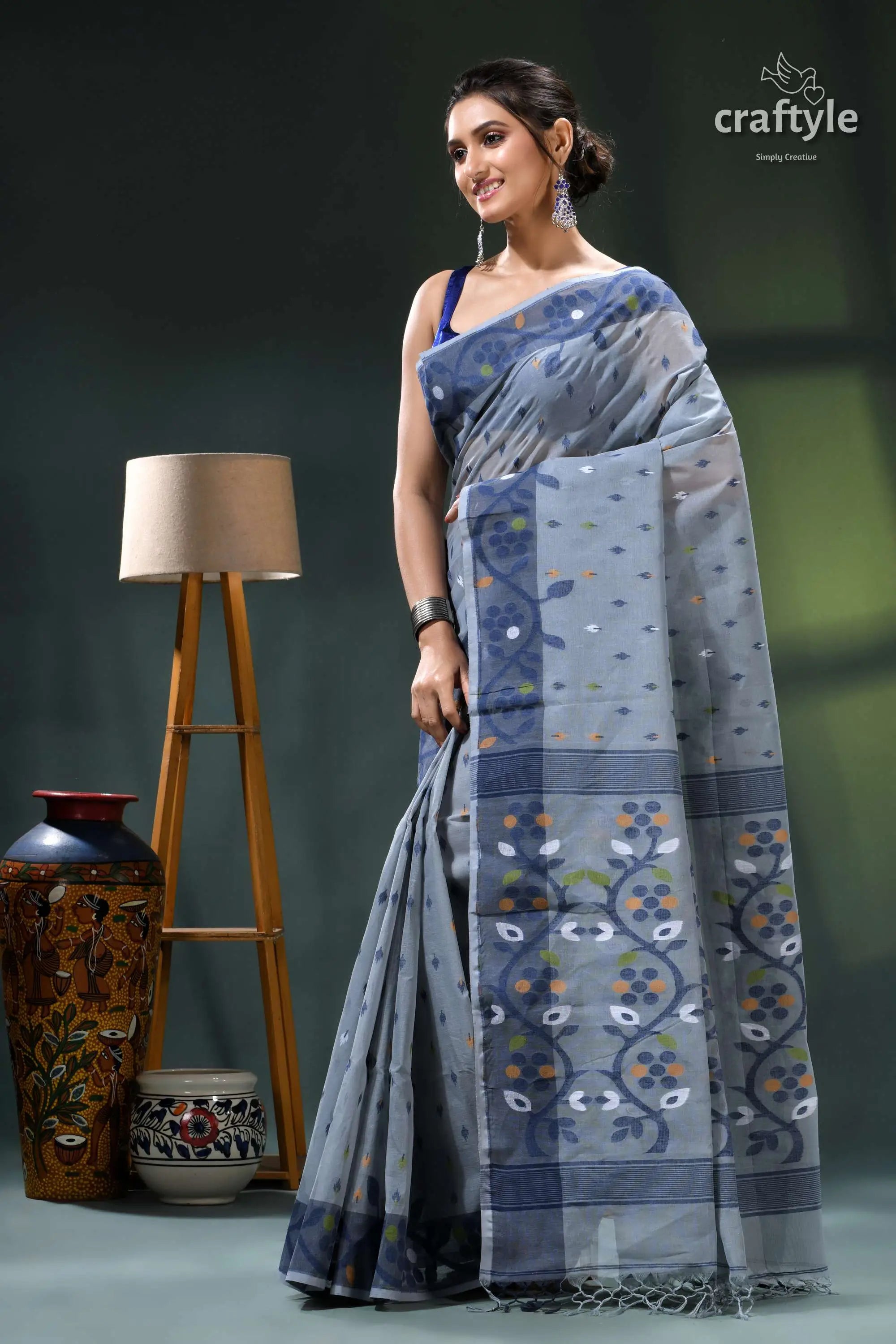 Oslo gray handloom cotton dhakai jamdani saree blue gray floral saree intricate 3