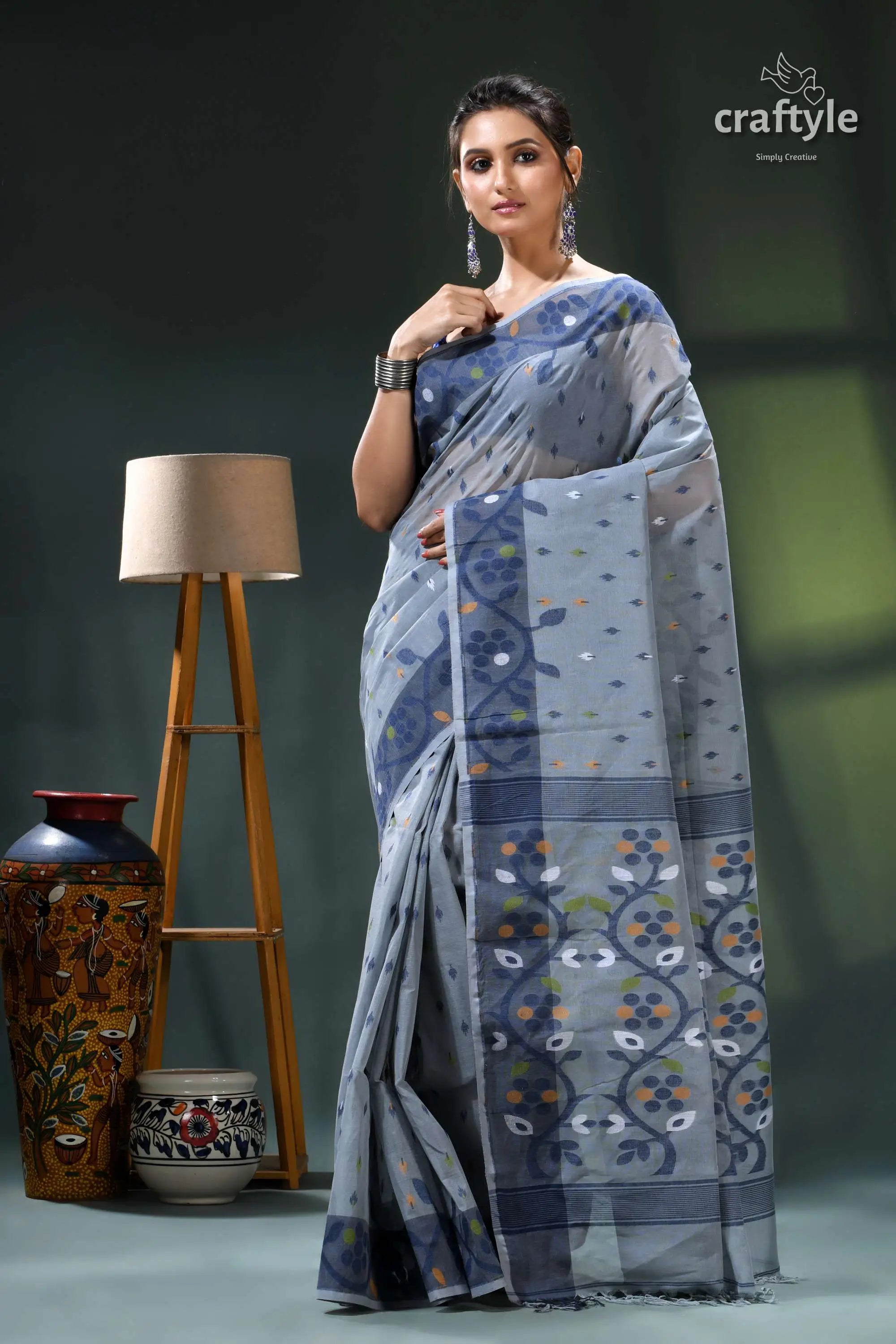 Oslo gray handloom cotton dhakai jamdani saree blue white floral patterned saree 6