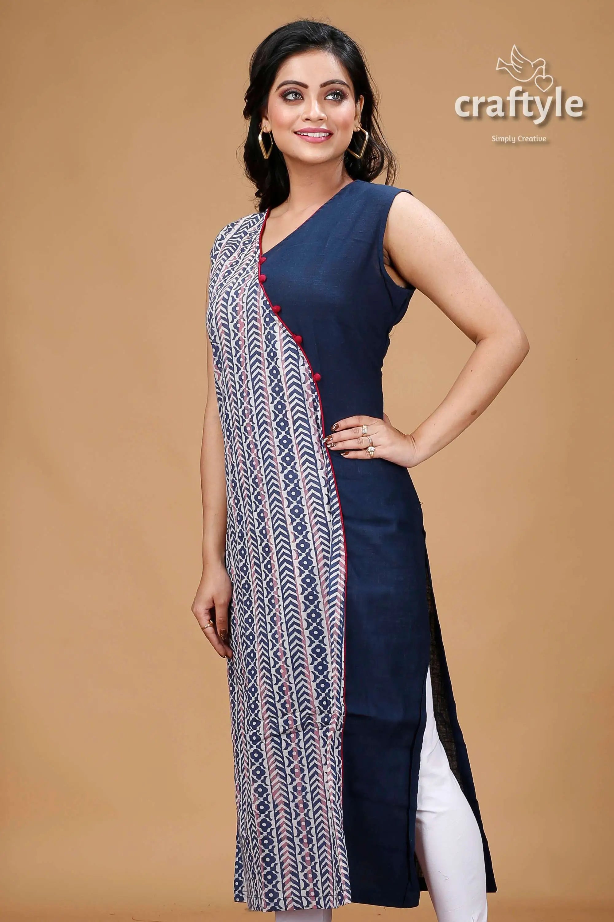 Oxford blue dabu print angrakha cotton kurti sleeveless blue patterned kurta 4