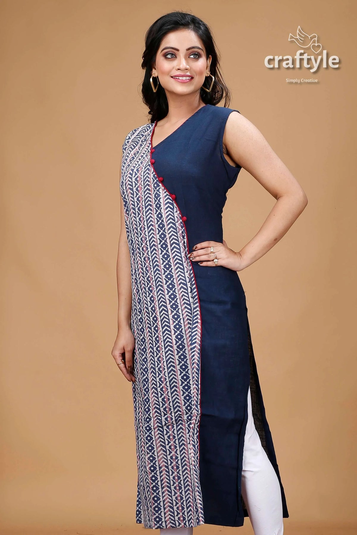 Oxford blue dabu print angrakha cotton kurti sleeveless patterned kurta 4