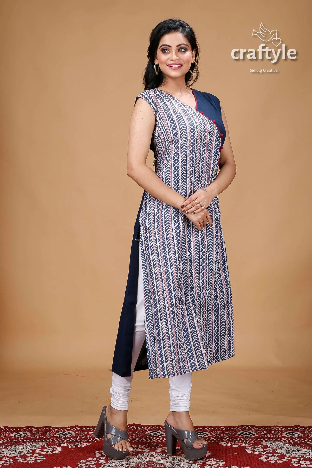 Oxford blue dabu print angrakha cotton kurti woman patterned kurta 3