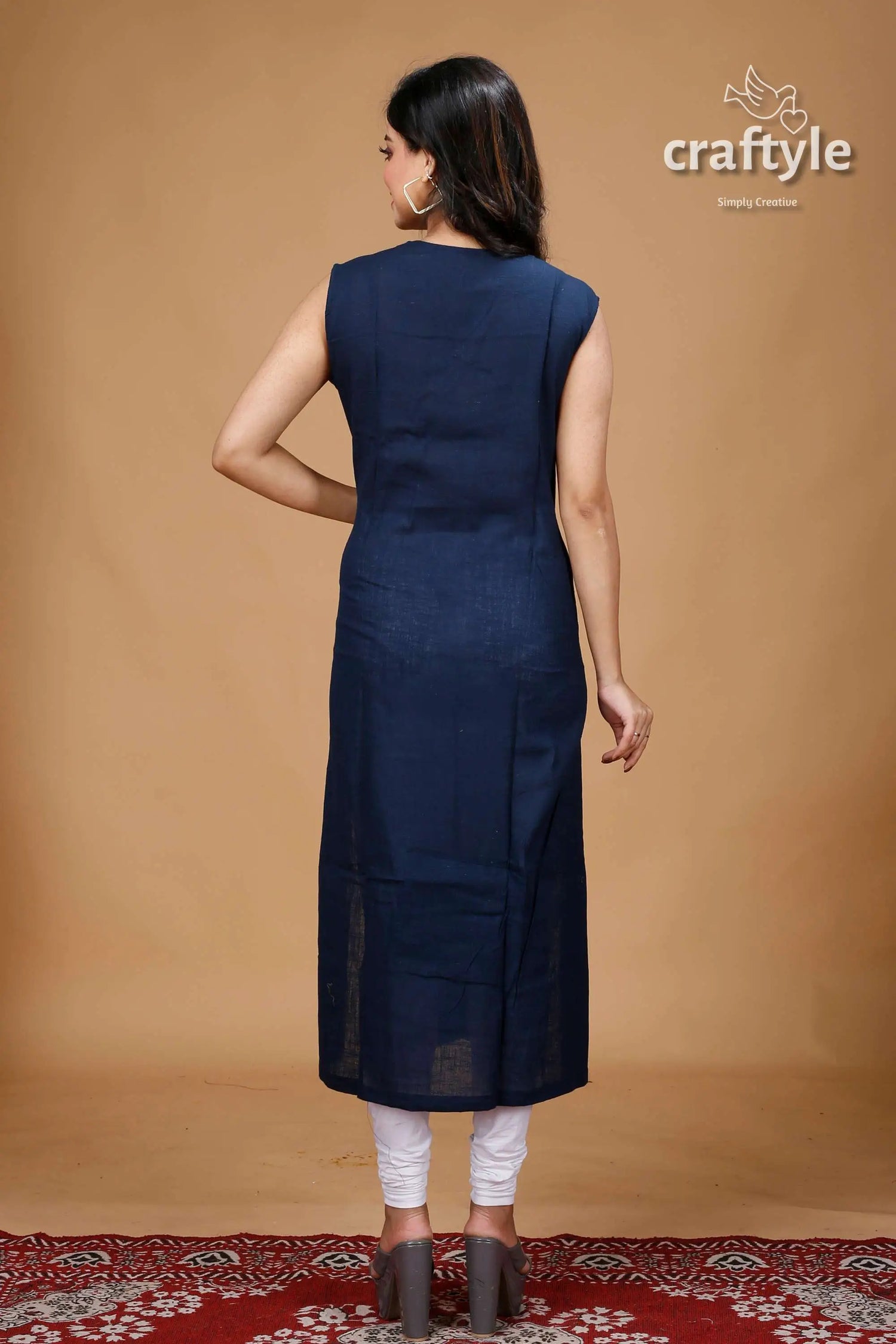 Oxford blue dabu print angrakha cotton kurti sleeveless navy blue kurta 5