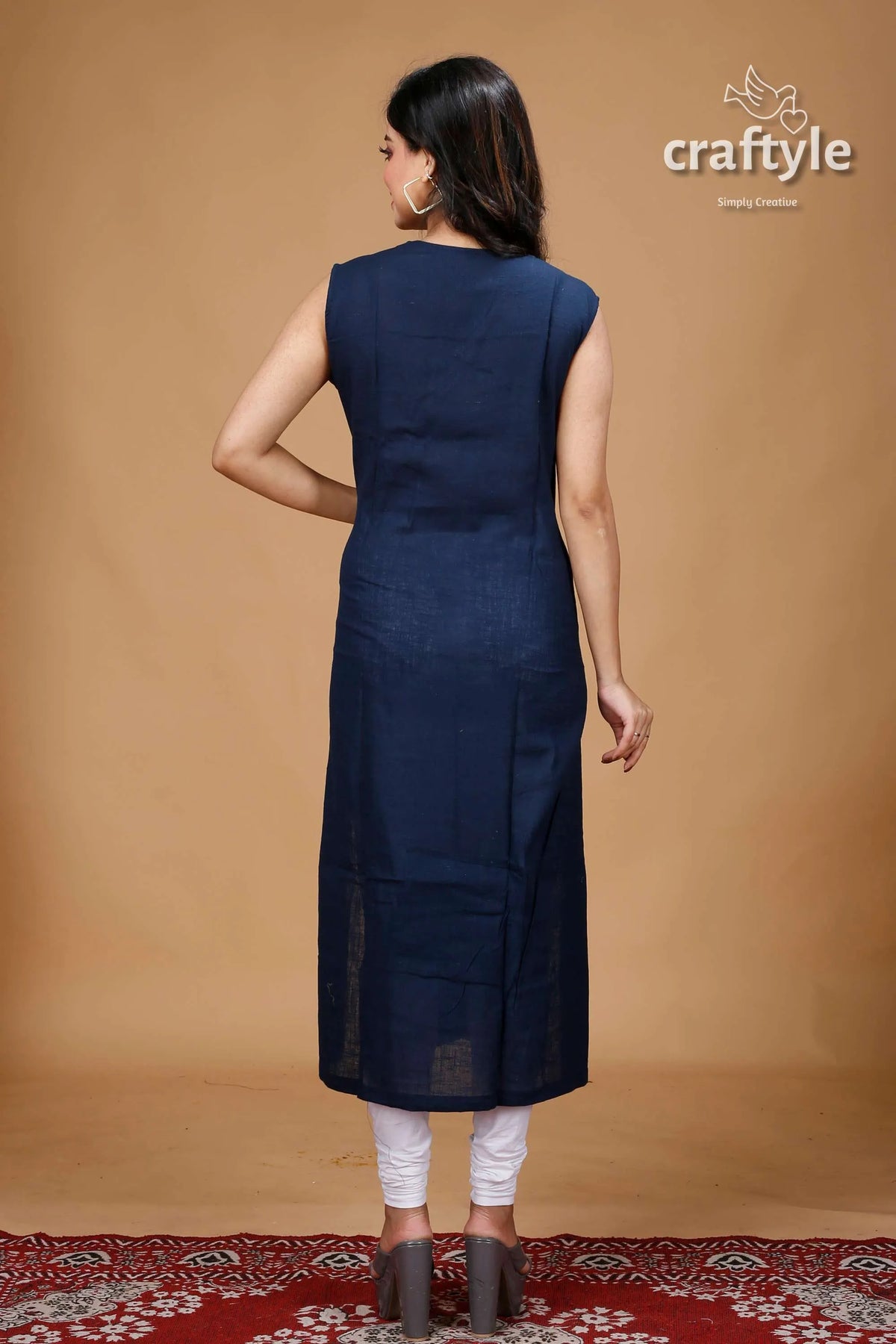 Oxford blue dabu print angrakha cotton kurti sleeveless navy kurta 5
