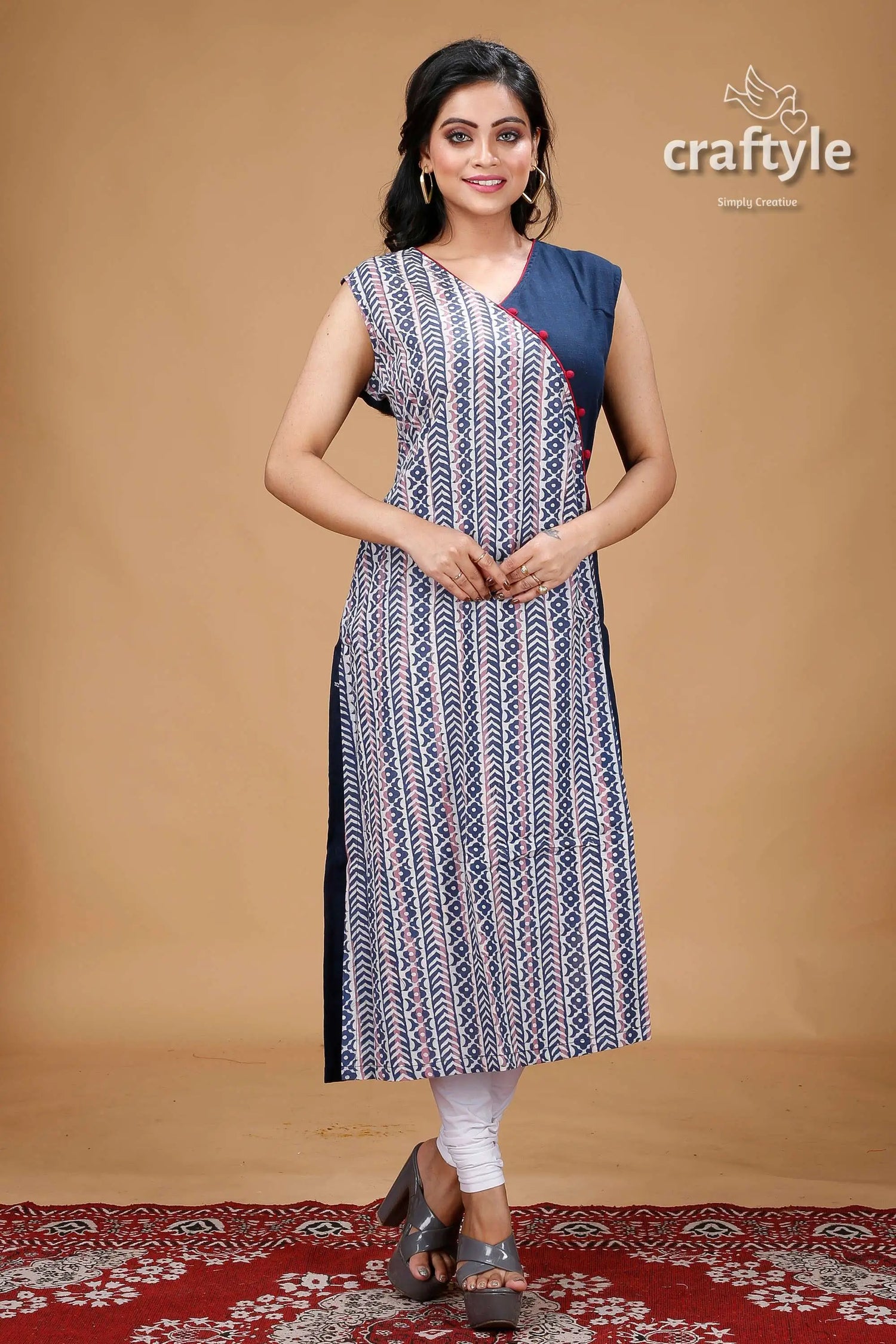 Oxford blue dabu print angrakha cotton kurti woman’s patterned kurta solid accent 2