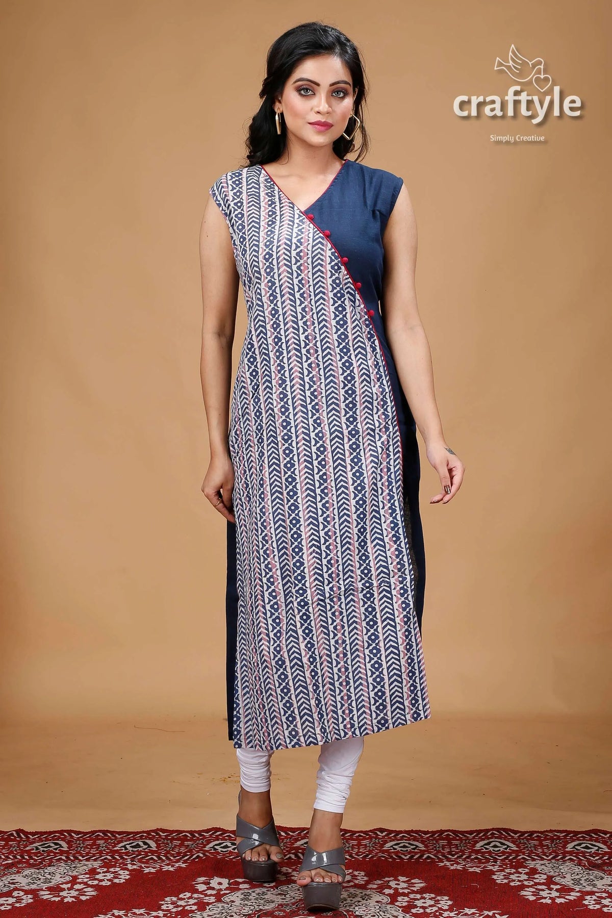 Oxford blue dabu print angrakha cotton kurti woman’s patterned kurta 1