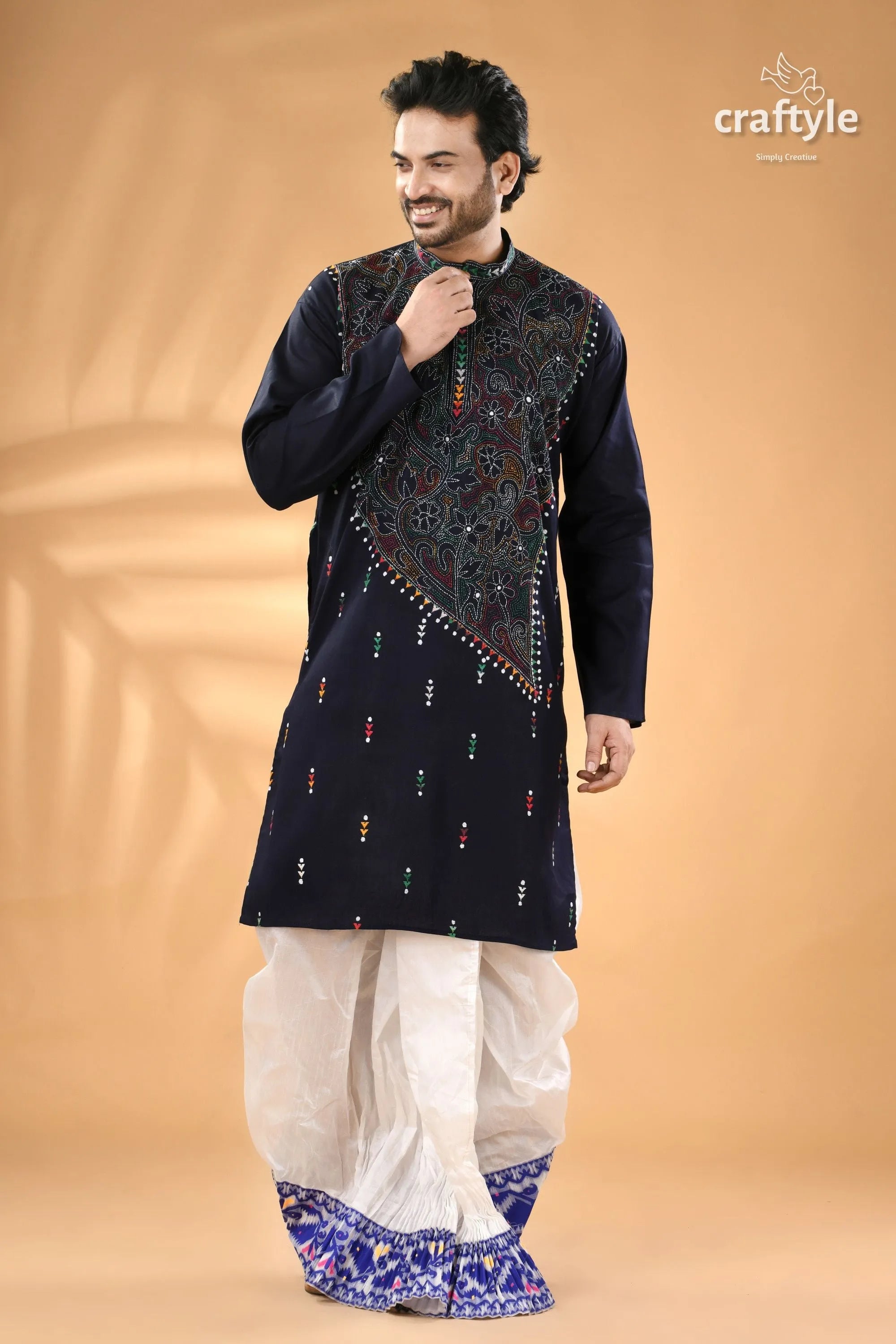 Oxford blue kantha stitch cotton panjabi for men - reverse men’s navy embroidered kurta 1