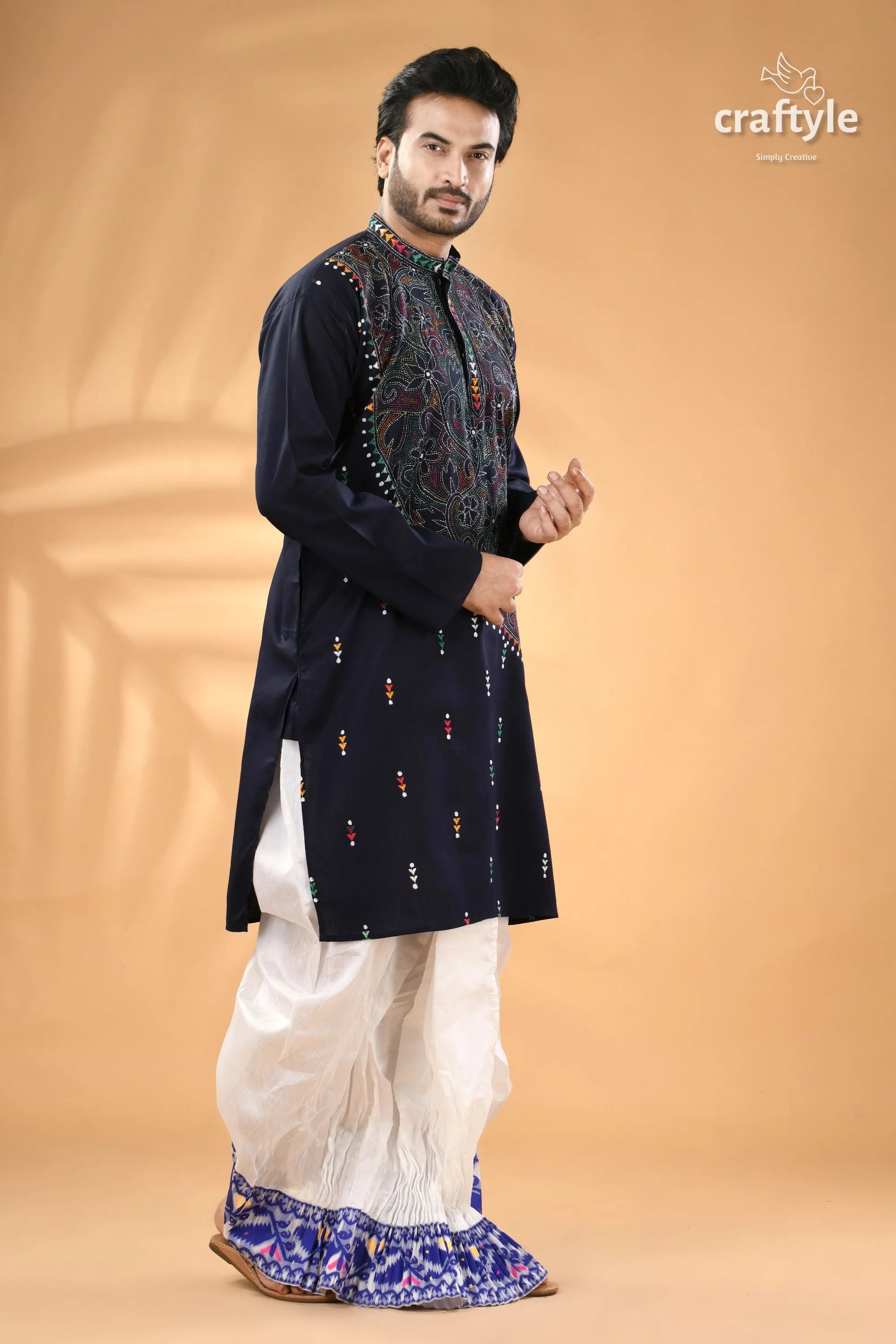 Oxford blue kantha stitch cotton panjabi for men - reverse men’s navy embroidered kurta 3