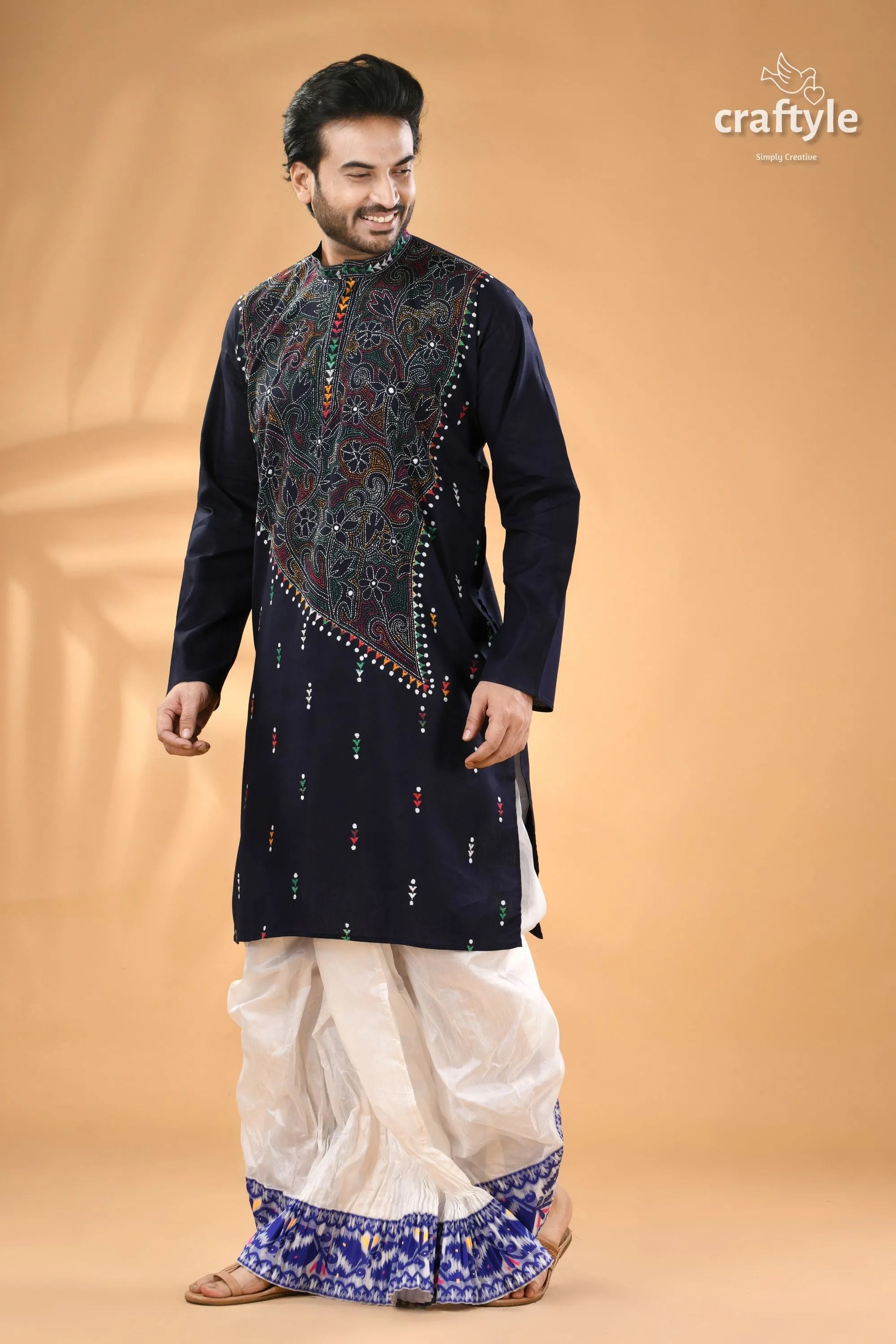 Oxford blue kantha stitch cotton panjabi for men - reverse men’s navy embroidered kurta 4