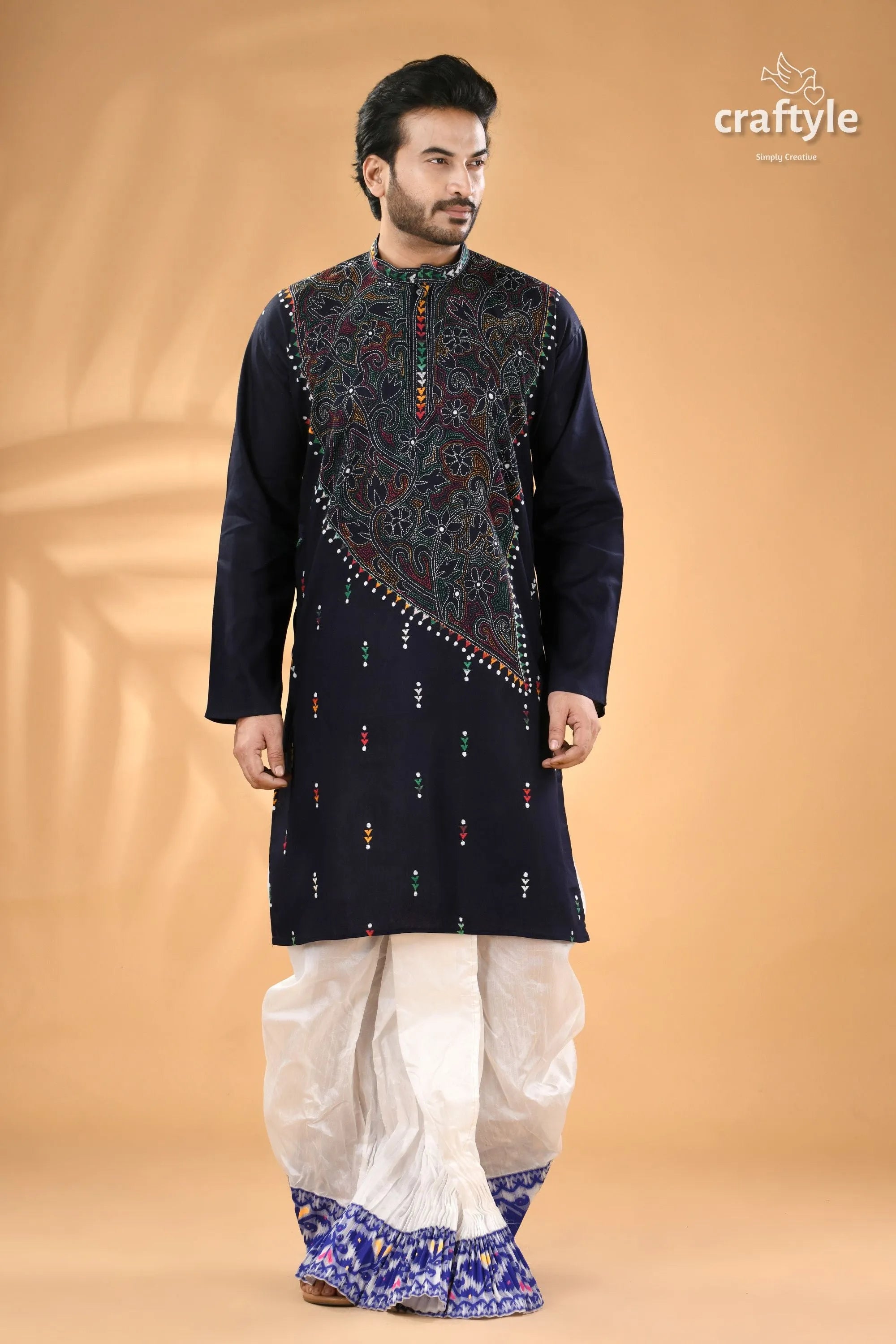 Oxford blue kantha stitch cotton panjabi for men - reverse men’s dark embroidered kurta 5