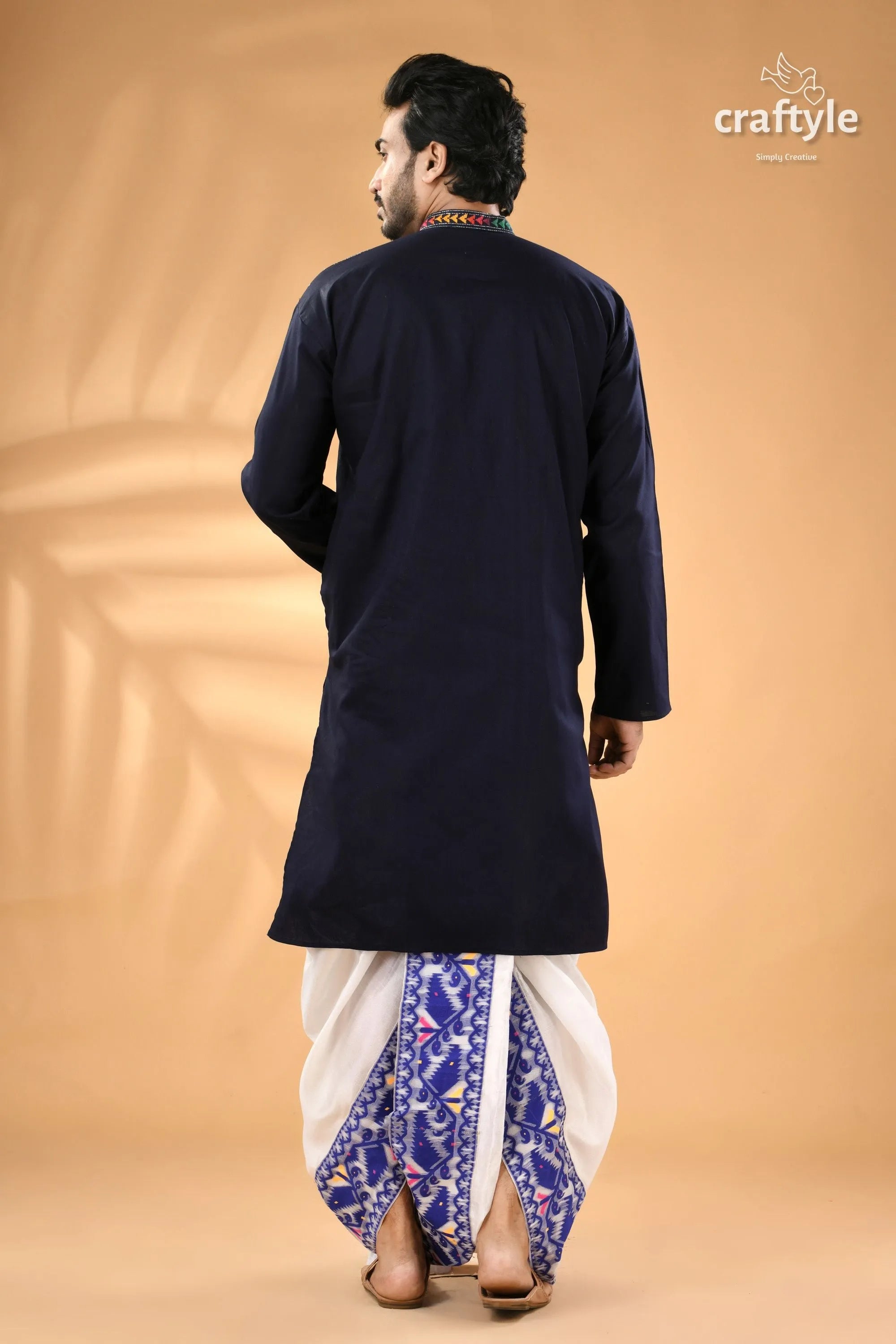 Oxford blue kantha stitch cotton panjabi for men - reverse man’s navy kurta colorful 6