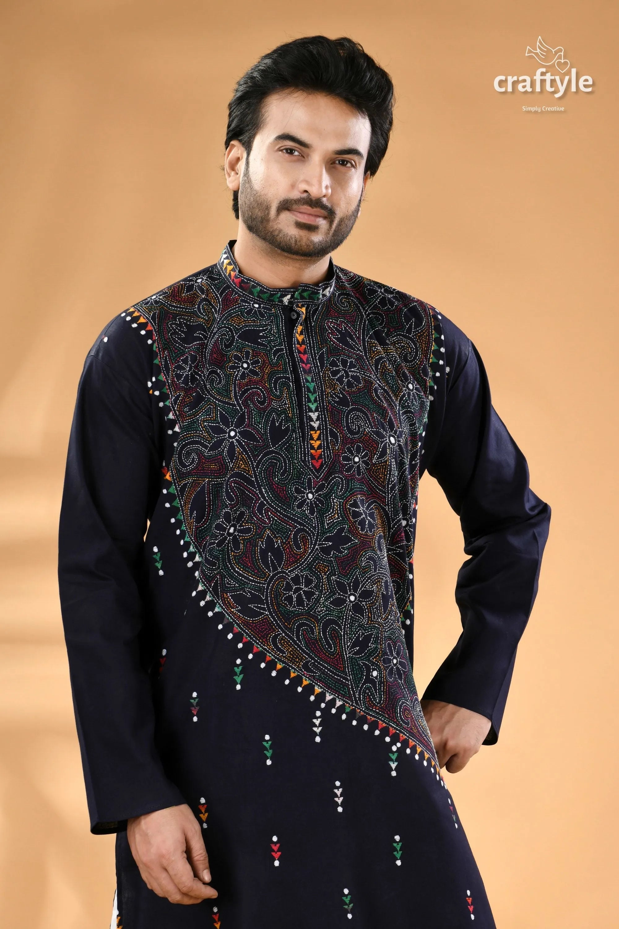 Oxford blue kantha stitch cotton panjabi for men - reverse men’s navy kurta intricate 2