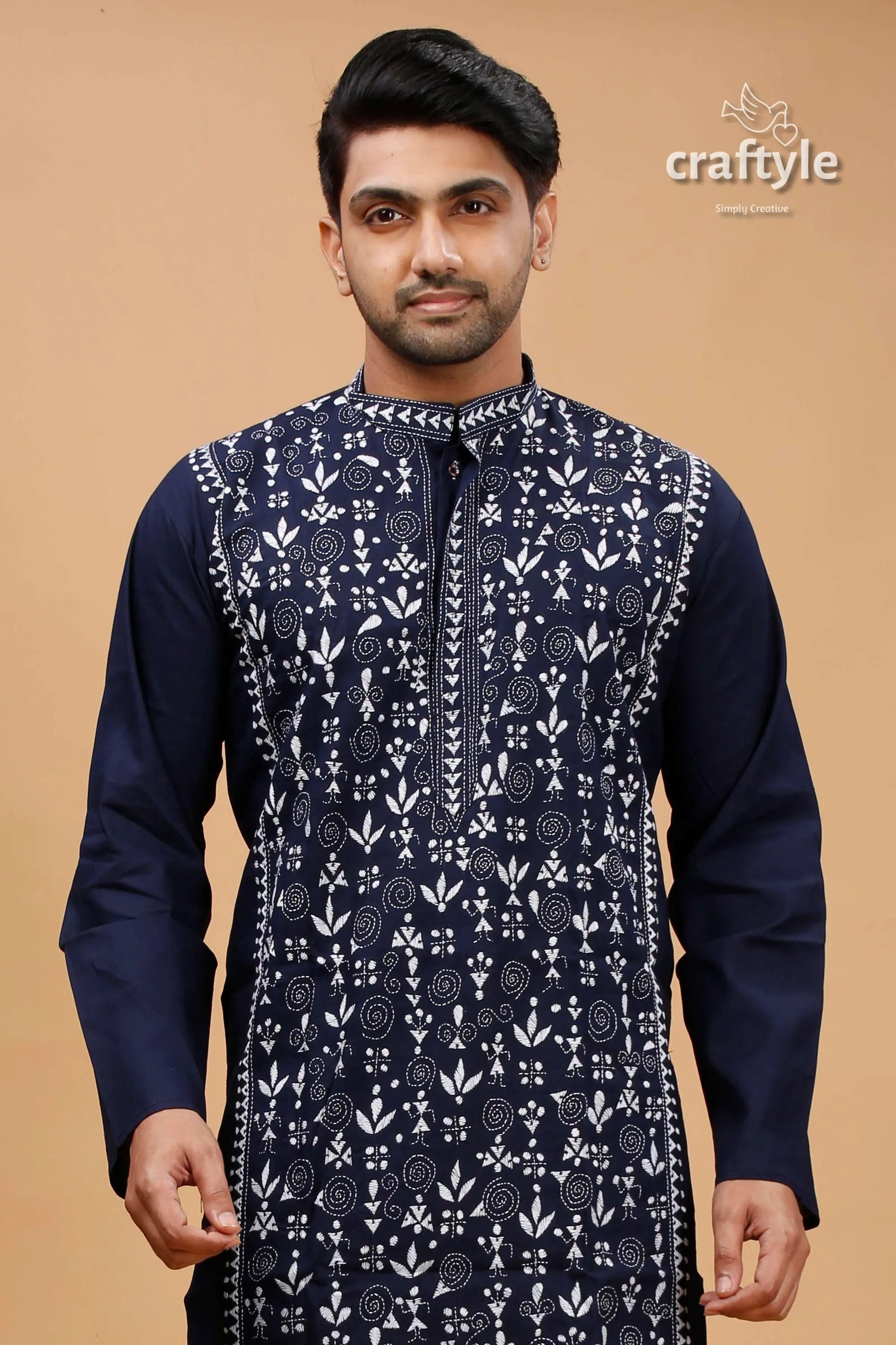 Oxford blue warli design kantha cotton punjabi for men 2