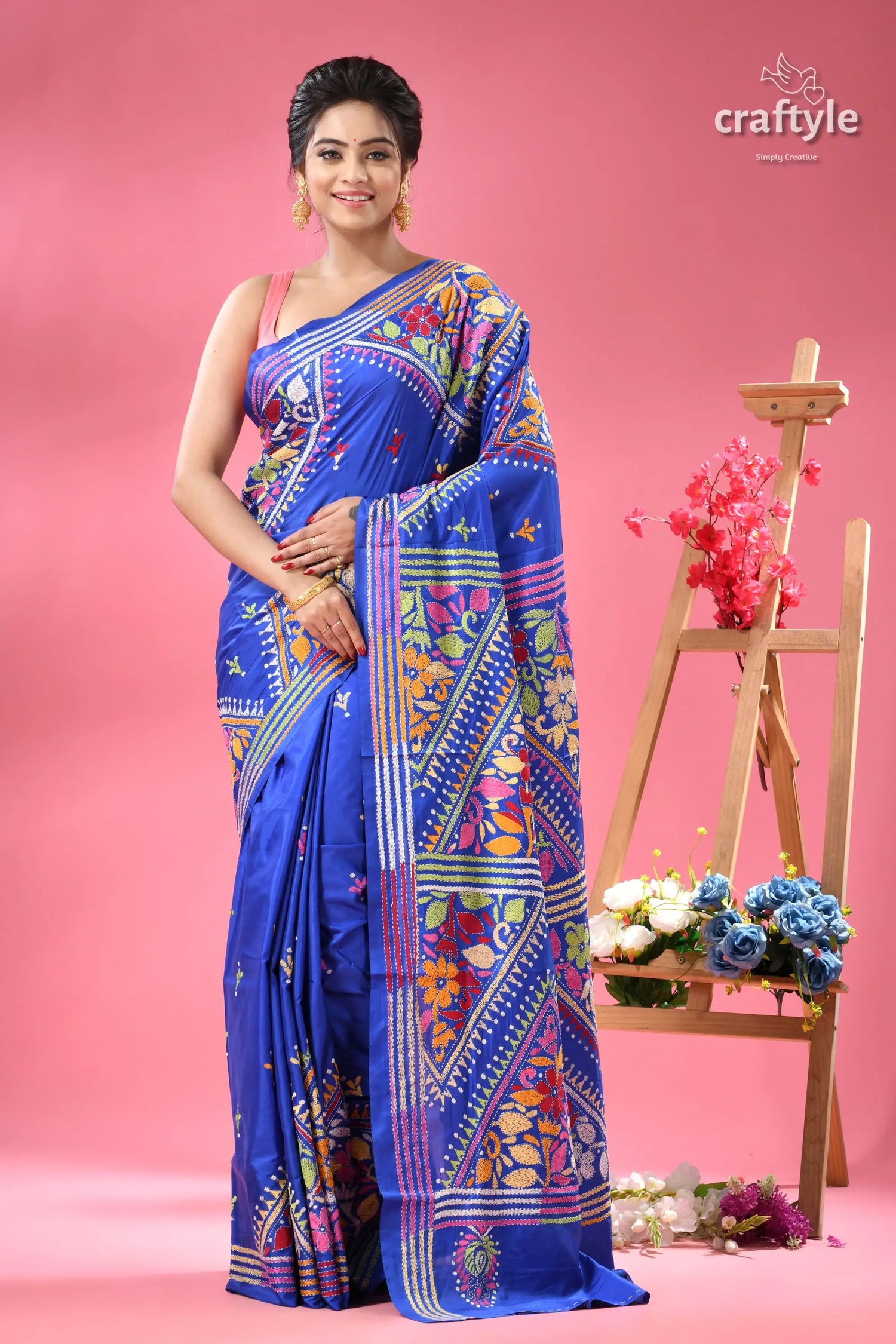 Palatinate blue bengal heritage silk kantha stitch saree blue kantha stitch saree colorful 6