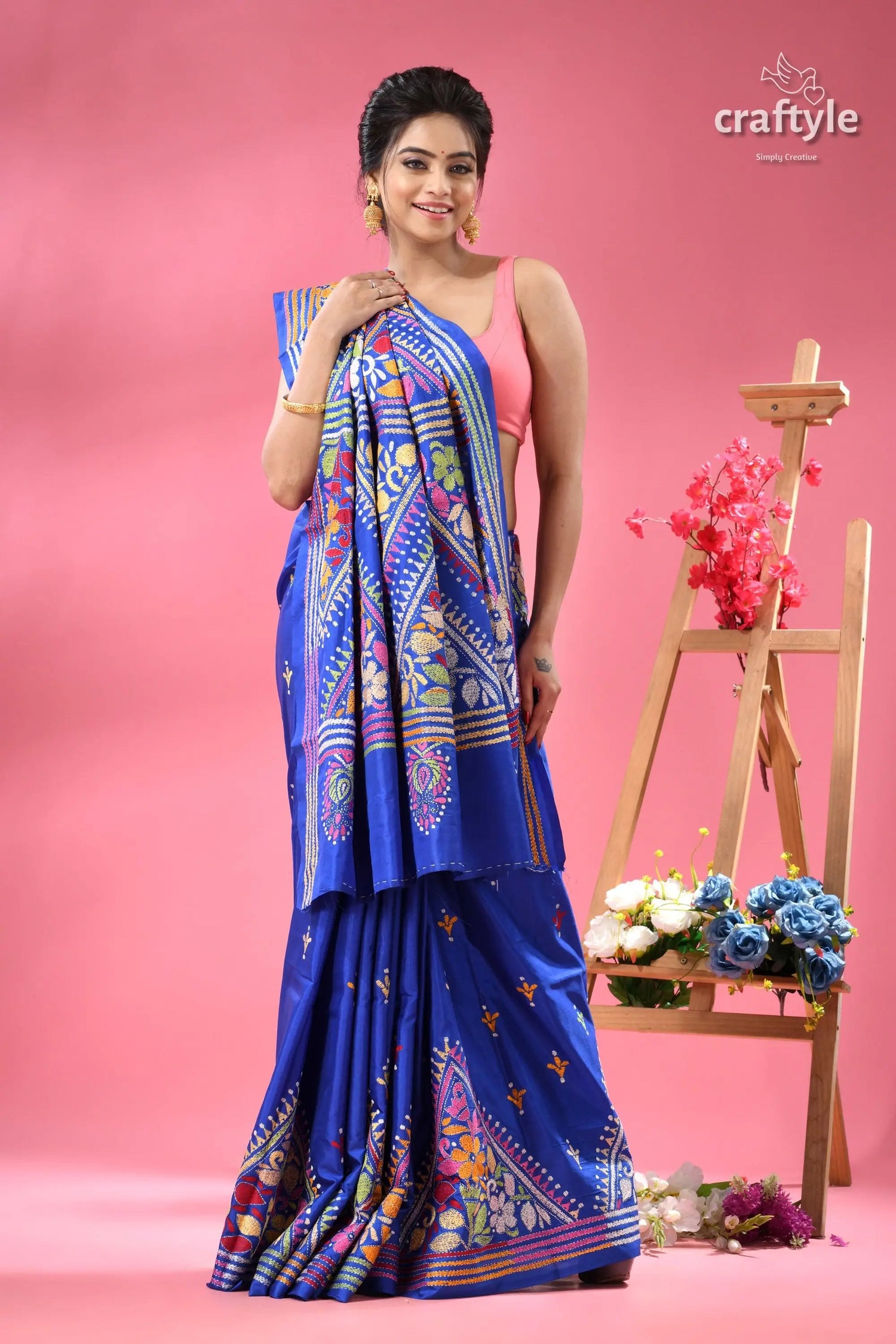 Palatinate blue bengal heritage silk kantha stitch saree woman vibrant blue saree intricate 1