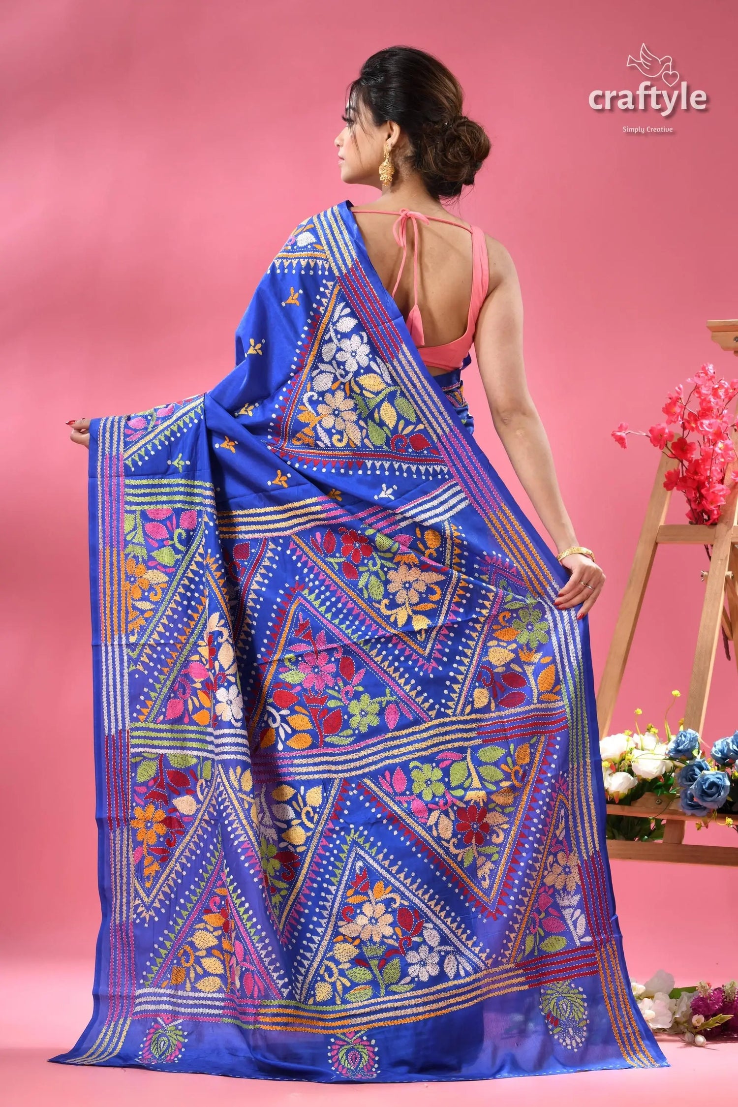 Palatinate blue bengal heritage silk kantha stitch saree blue silk saree colorful floral 5