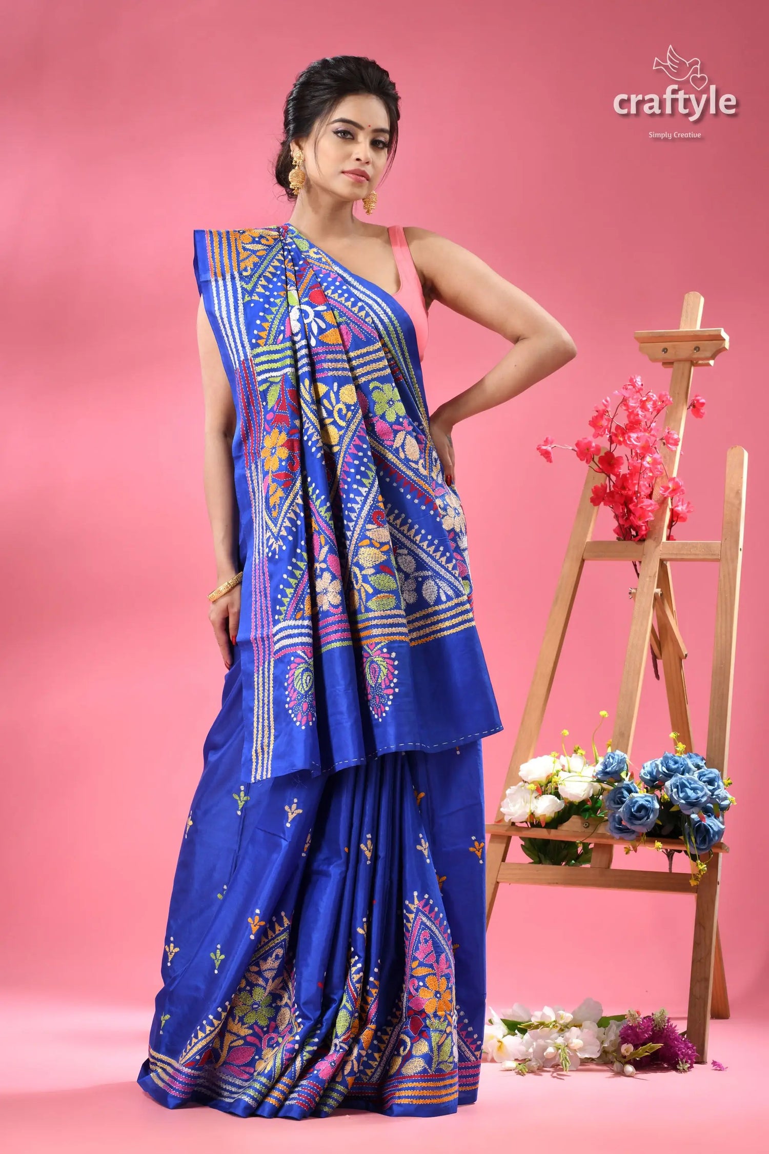 Palatinate blue bengal heritage silk kantha stitch saree woman vibrant blue floral print 7