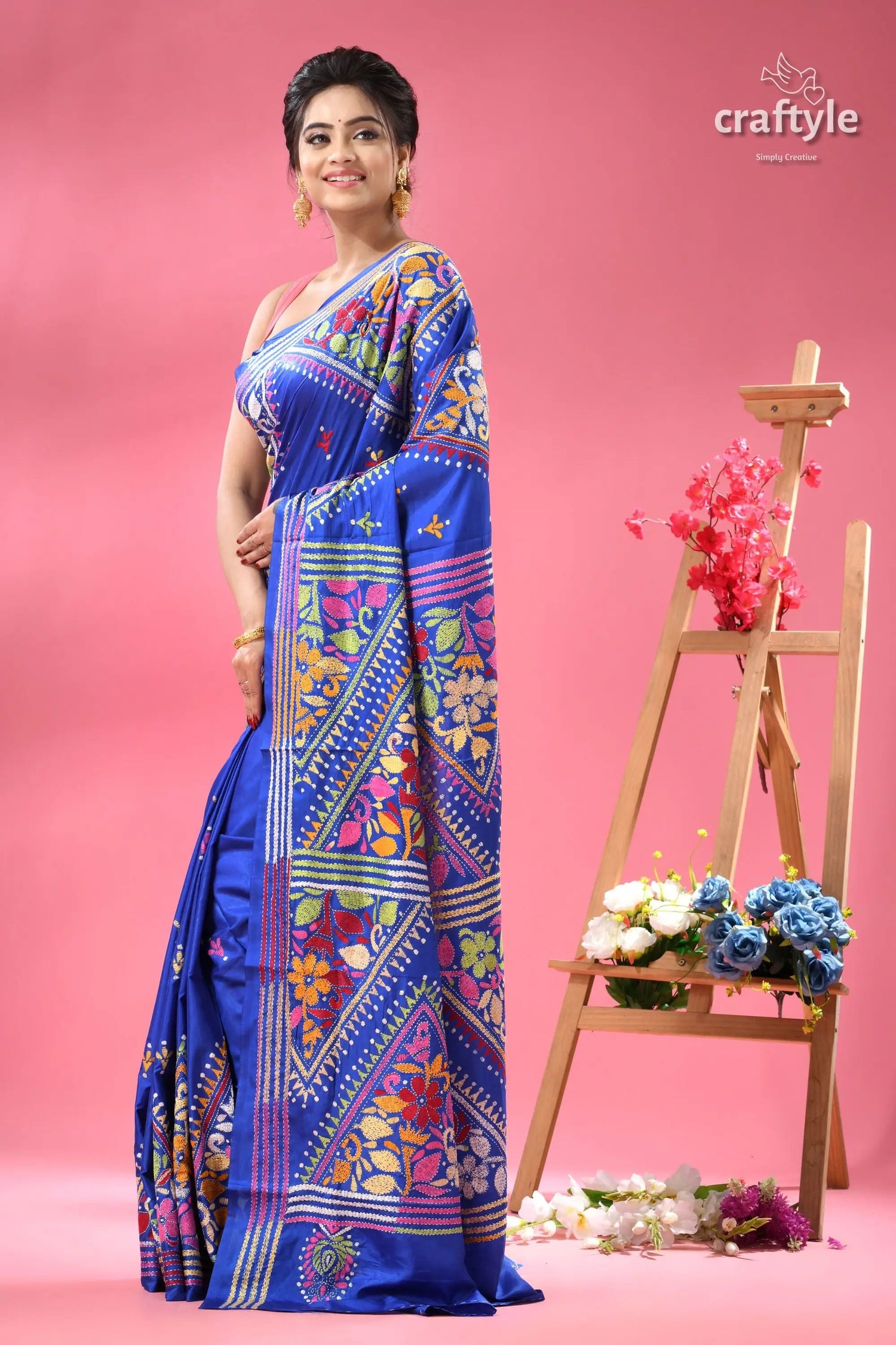 Palatinate blue bengal heritage silk kantha stitch saree blue saree colorful floral geometric 3