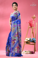 Palatinate blue bengal heritage silk kantha stitch saree blue saree colorful floral geometric 3