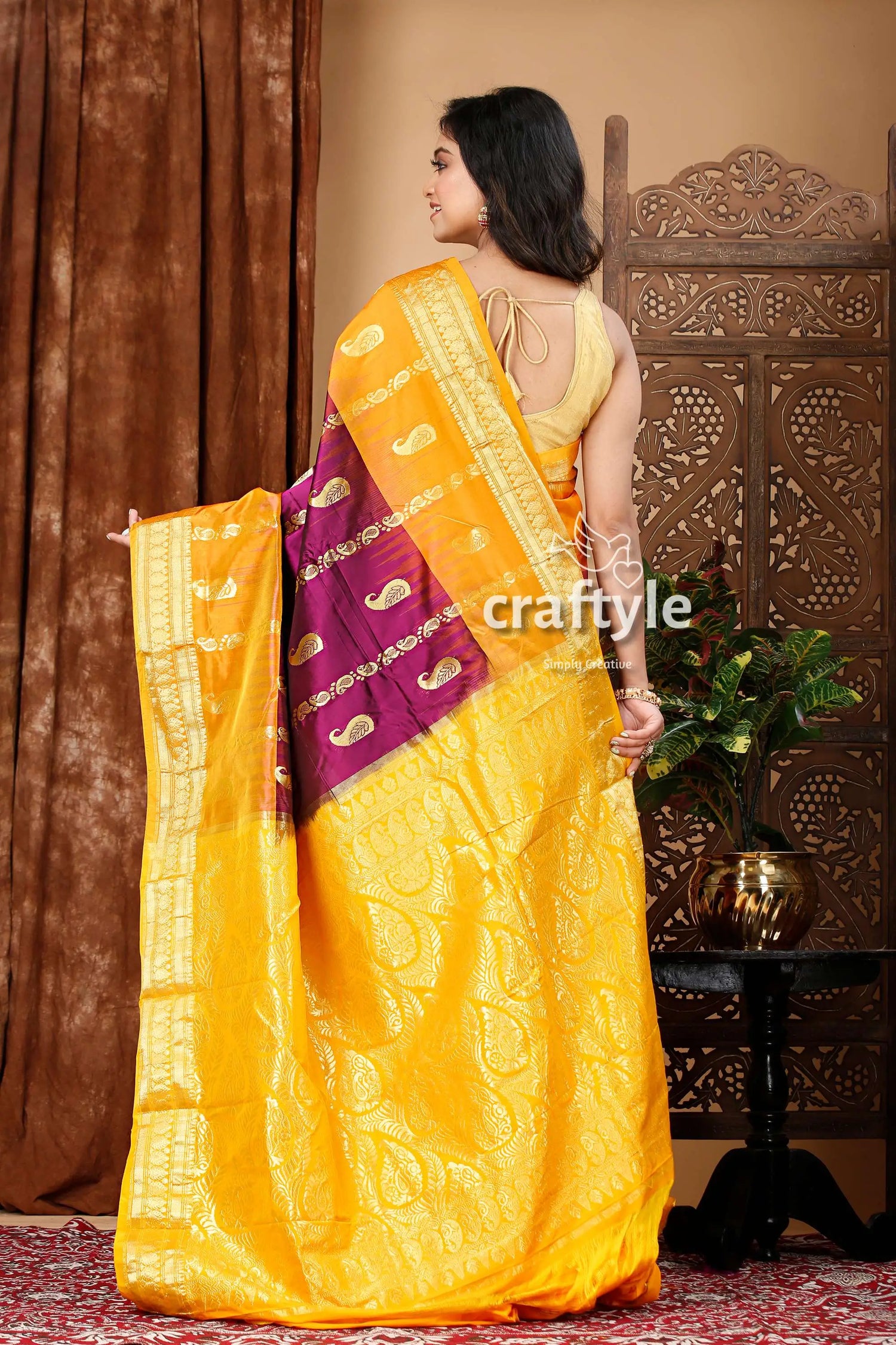 Palatinate purple and saffron kanjivaram silk saree - traditional ethnic wear yellow silk saree 5