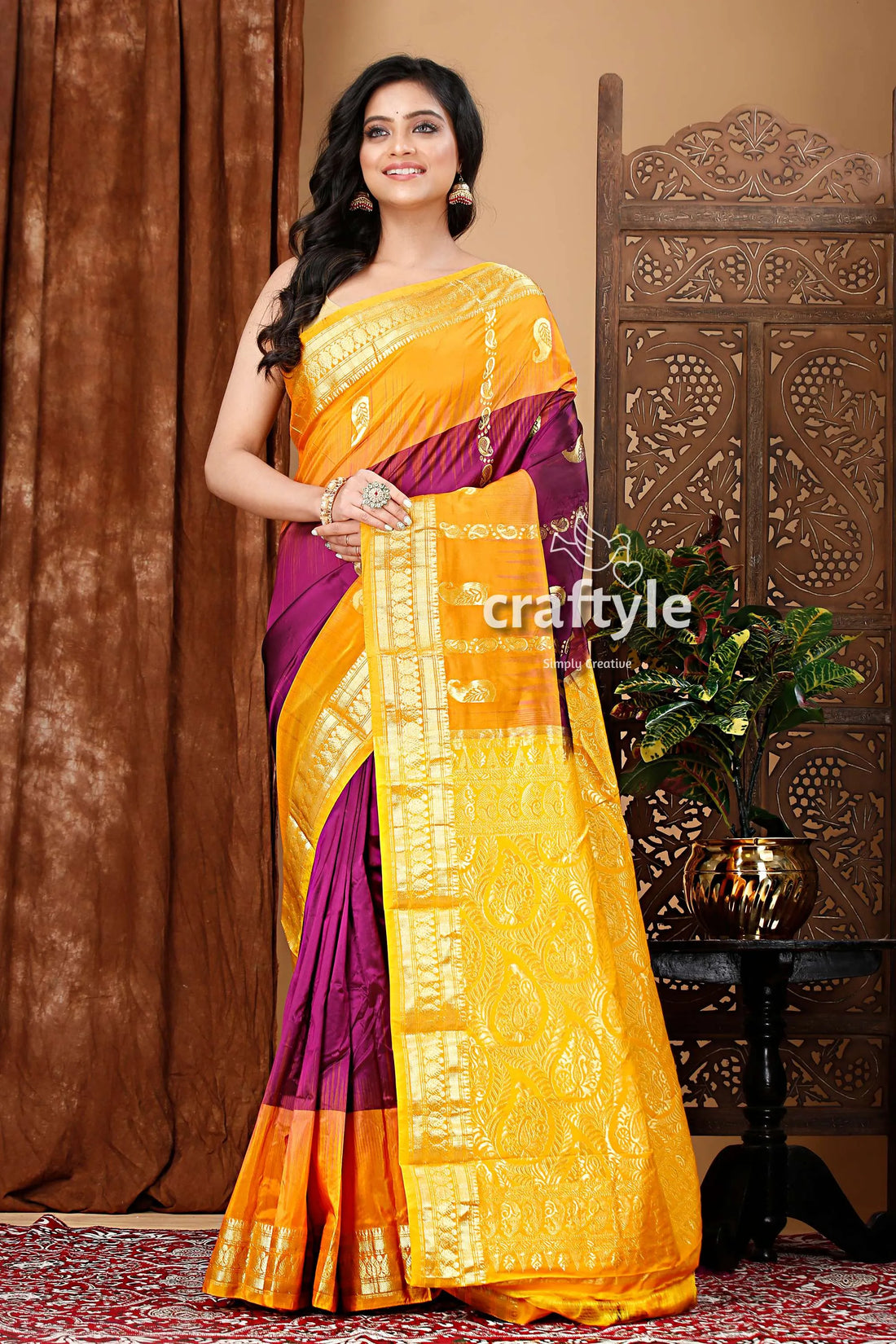 Palatinate purple and saffron kanjivaram silk saree - traditional ethnic wear woman yellow 1
