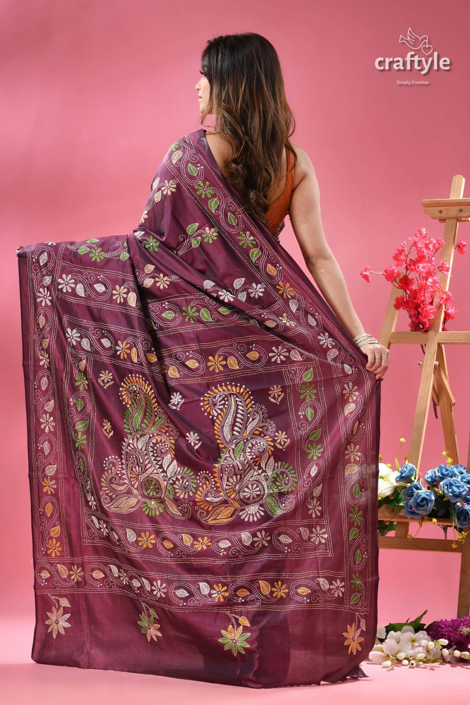 Palatinate purple bengal heritage silk kantha saree maroon saree intricate white green 5