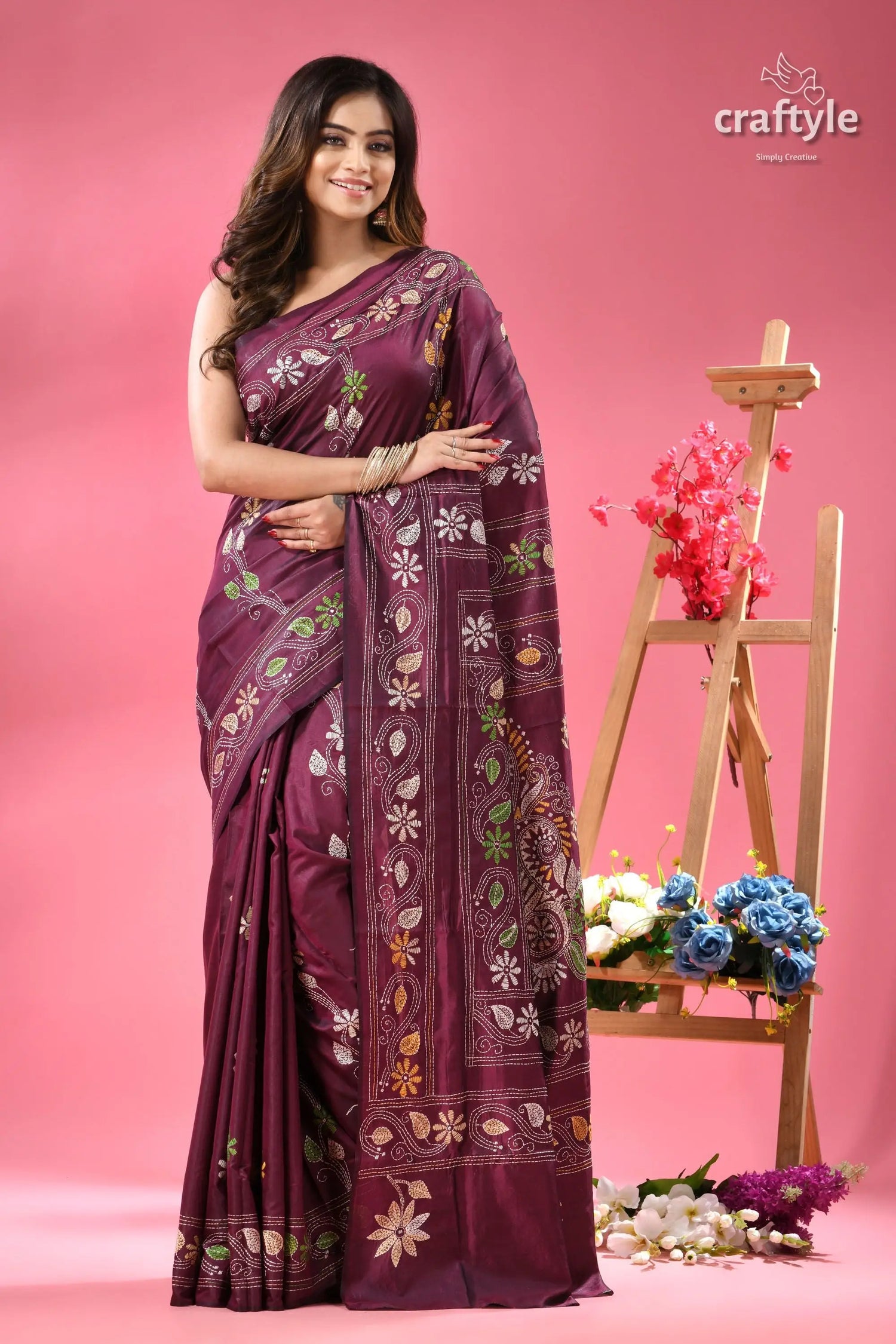 Palatinate purple bengal heritage silk kantha saree woman dark purple saree intricate 6
