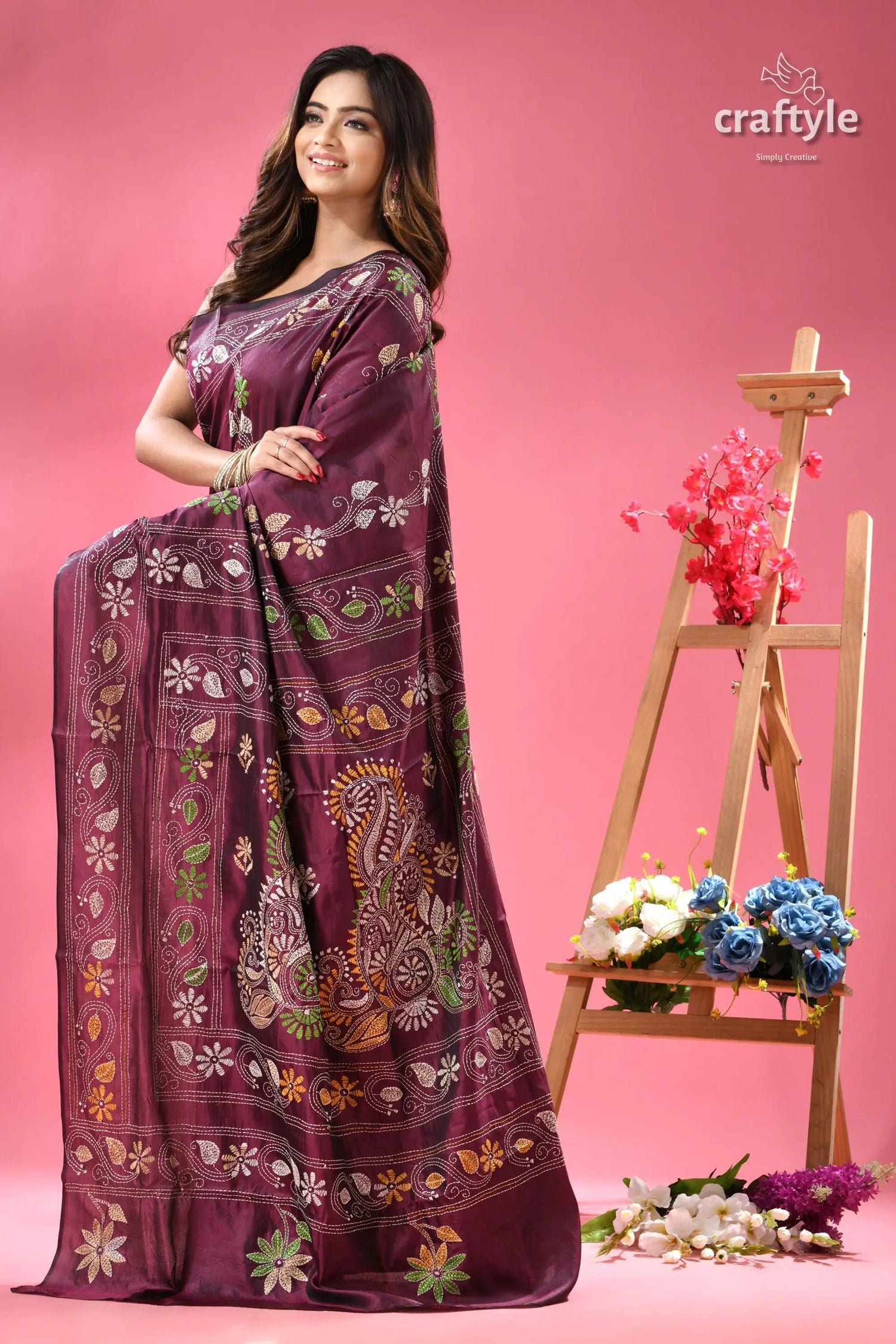 Palatinate purple bengal heritage silk kantha saree woman deep plum colored silk saree 3