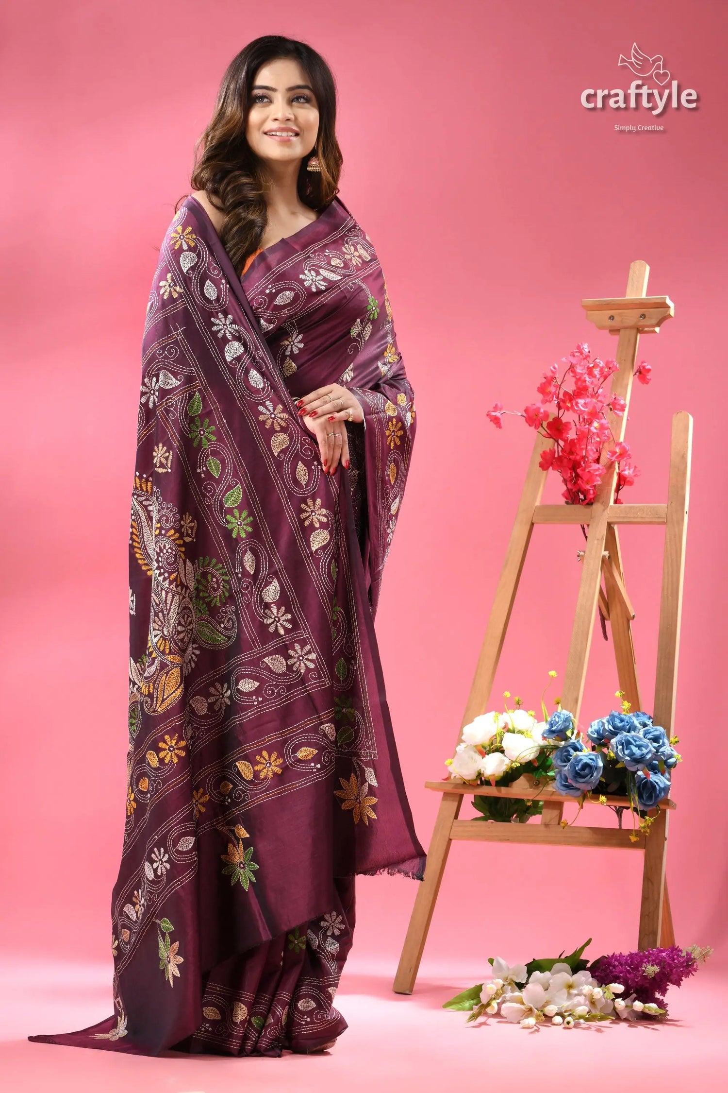 Palatinate purple bengal heritage silk kantha saree dark purple saree intricate floral 4