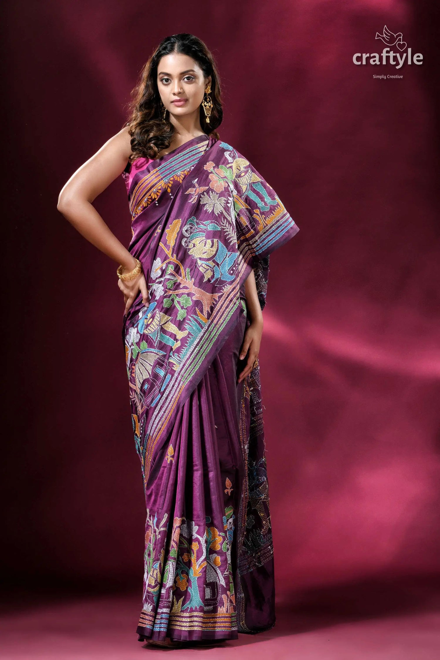 Palatinate purple village theme classic silk kantha sari purple saree colorful embroidery 4