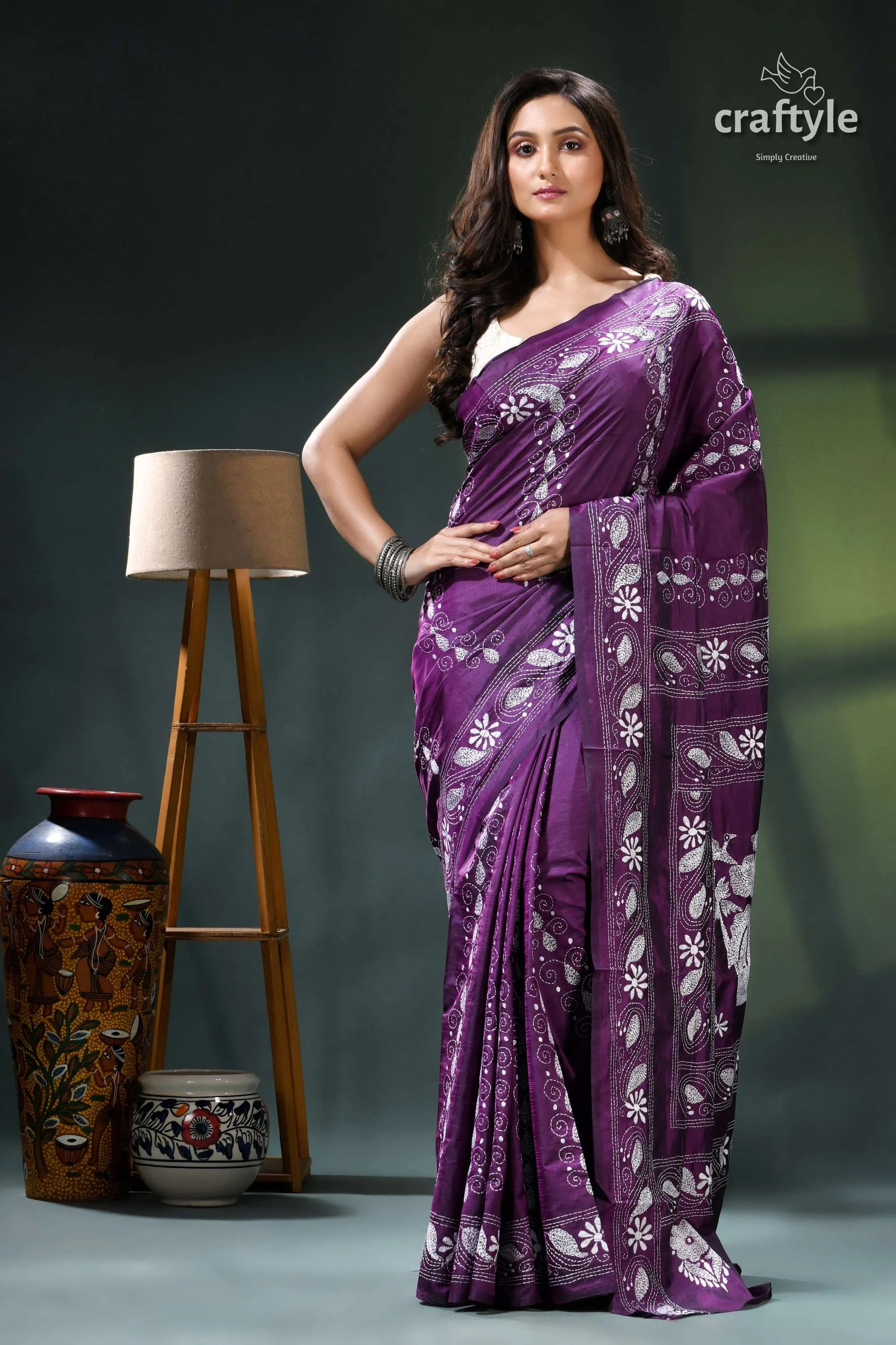 Palatinate purple village theme shantiniketan kantha silk saree purple saree white floral design 1