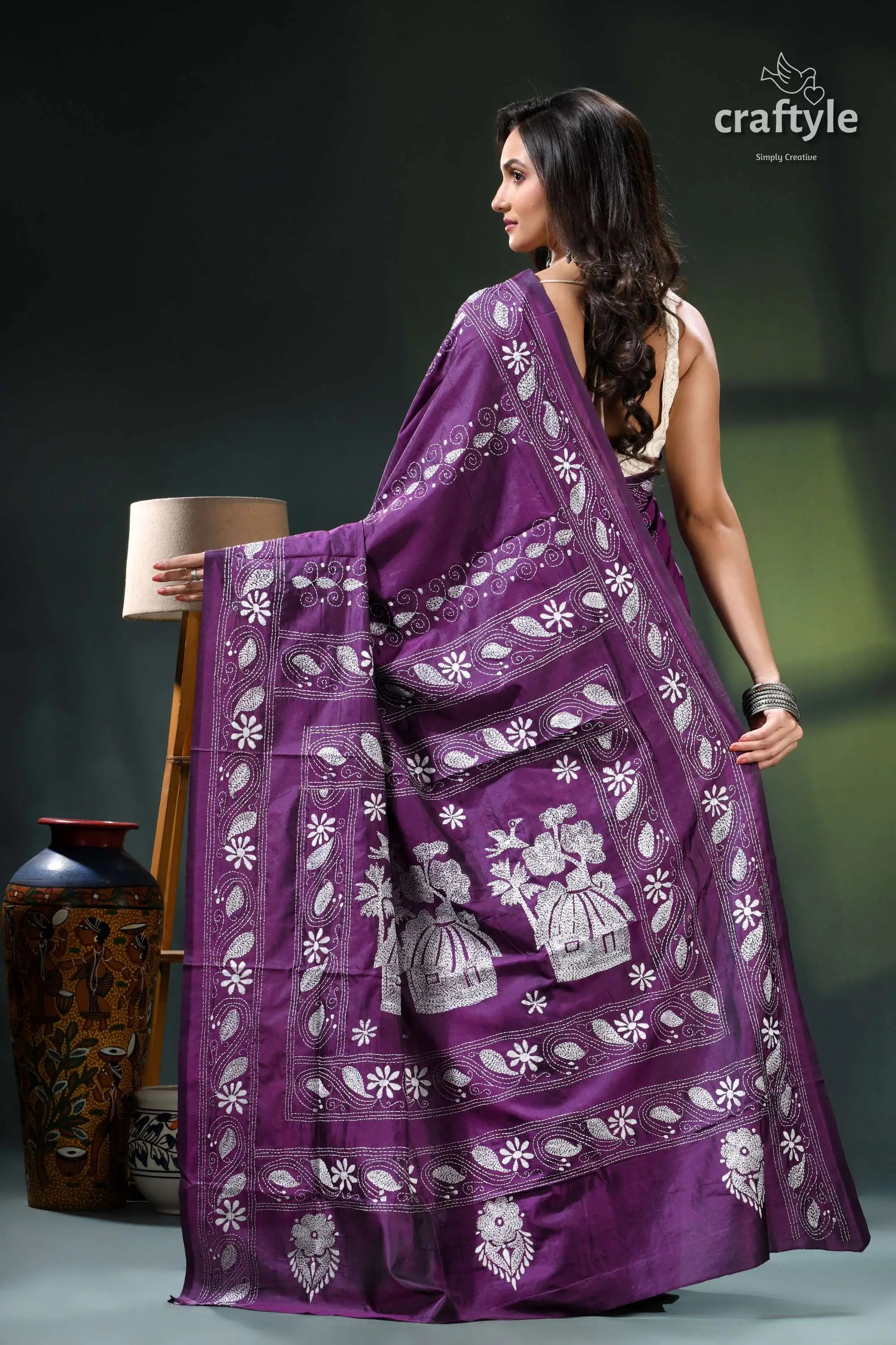 Palatinate purple village theme shantiniketan kantha silk saree purple batik saree white floral 5