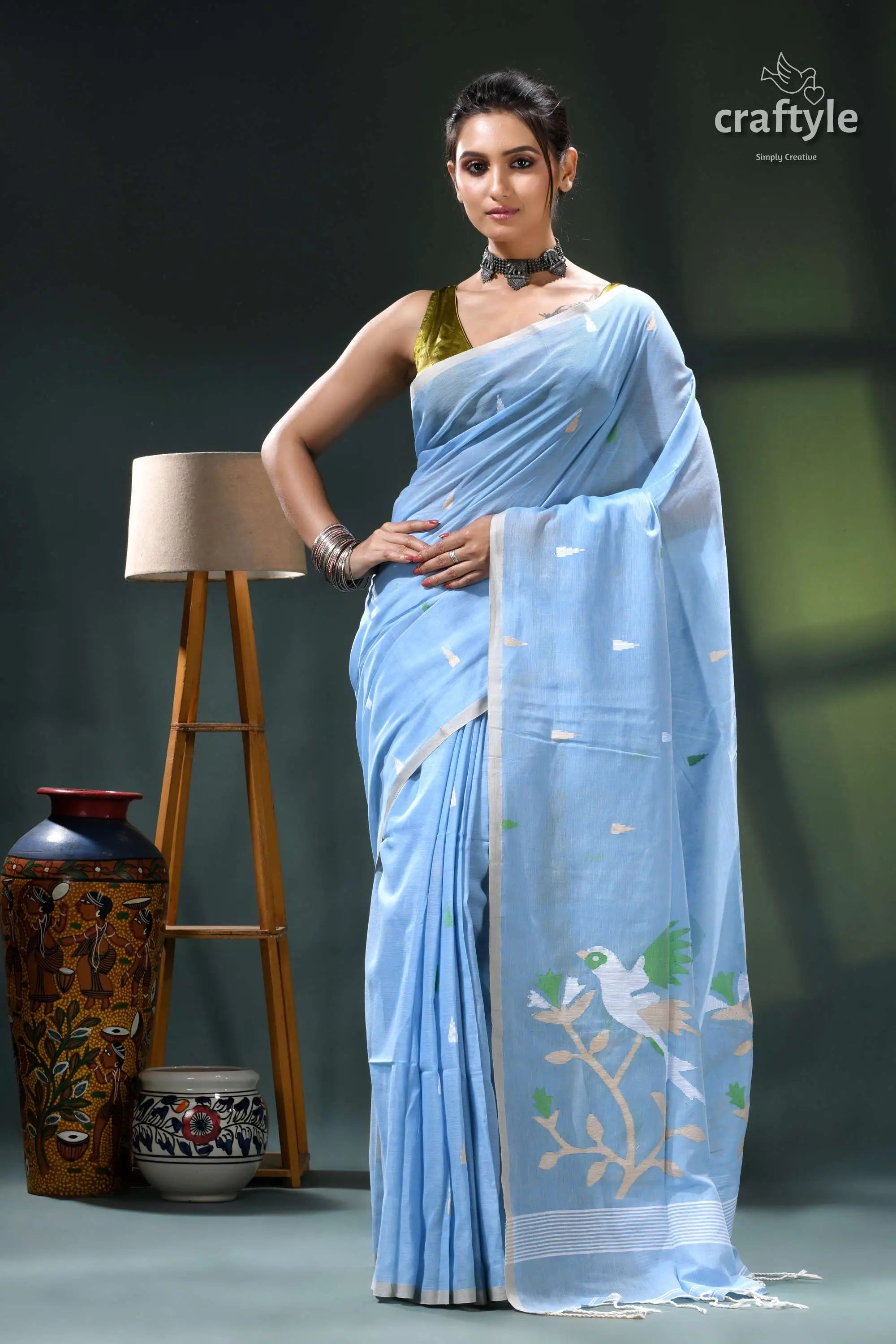 Pale cerulean blue exclusive soft cotton jamdani sari - handwoven light blue saree bird floral 1