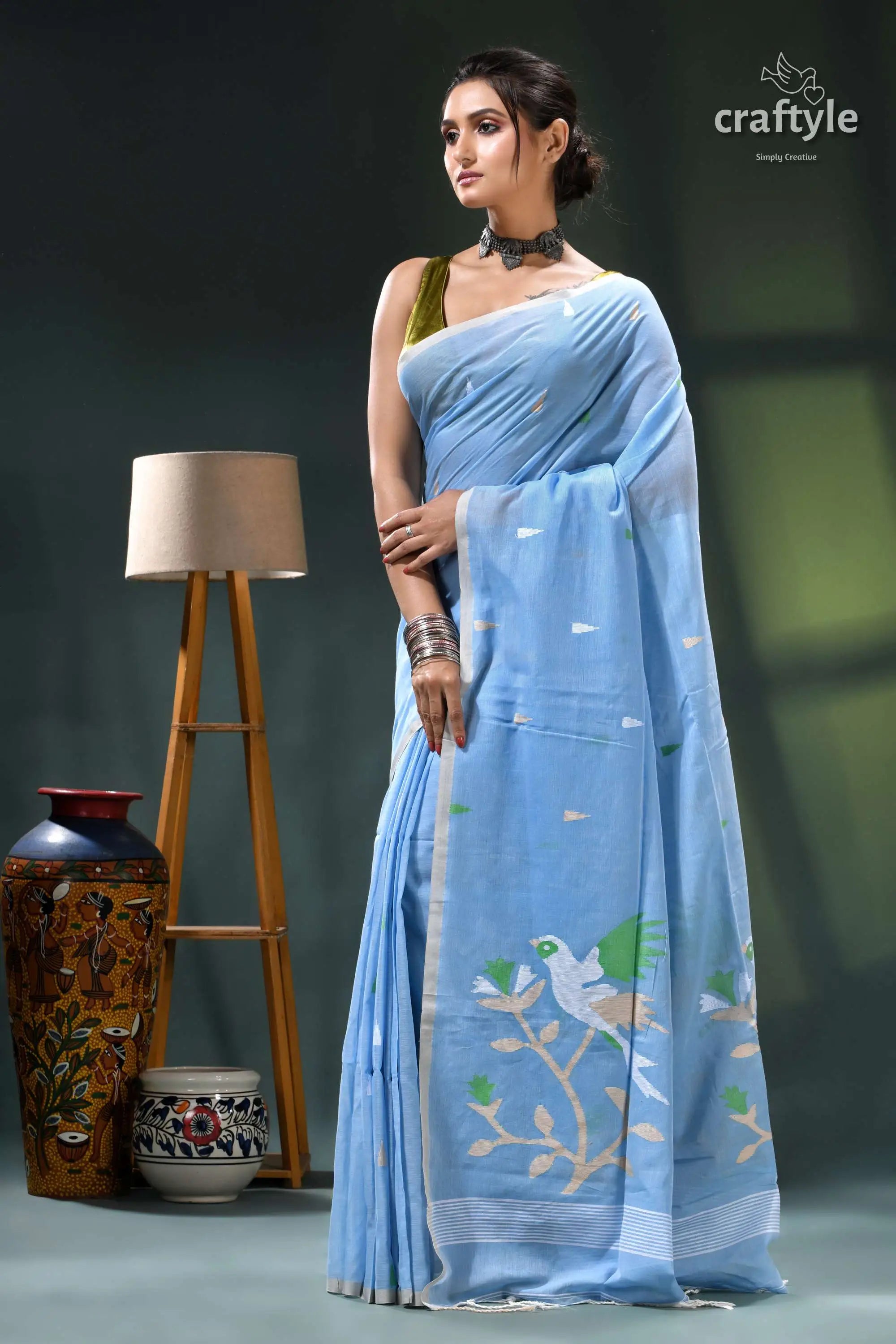 Pale cerulean blue exclusive soft cotton jamdani sari - handwoven light blue saree bird floral 3