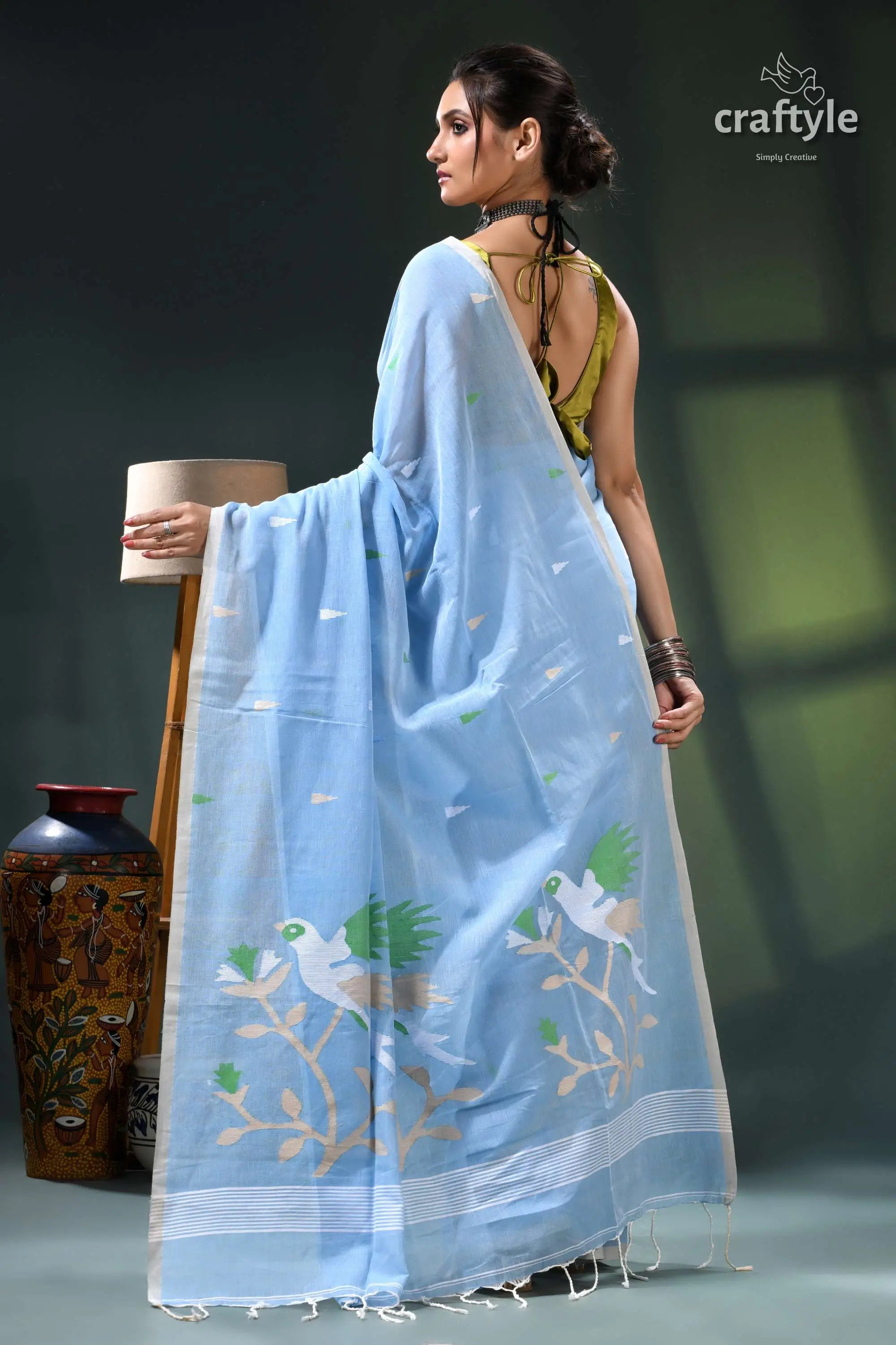 Pale cerulean blue exclusive soft cotton jamdani sari - handwoven light blue hand-painted saree birds 5