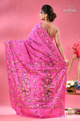Pale magenta flora and fauna theme kantha silk saree pink floral embroidered saree 5