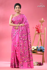 Pale magenta flora and fauna theme kantha silk saree vibrant pink saree intricate floral 6