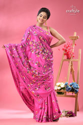Pale magenta flora and fauna theme kantha silk saree pink saree colorful floral patterns 7