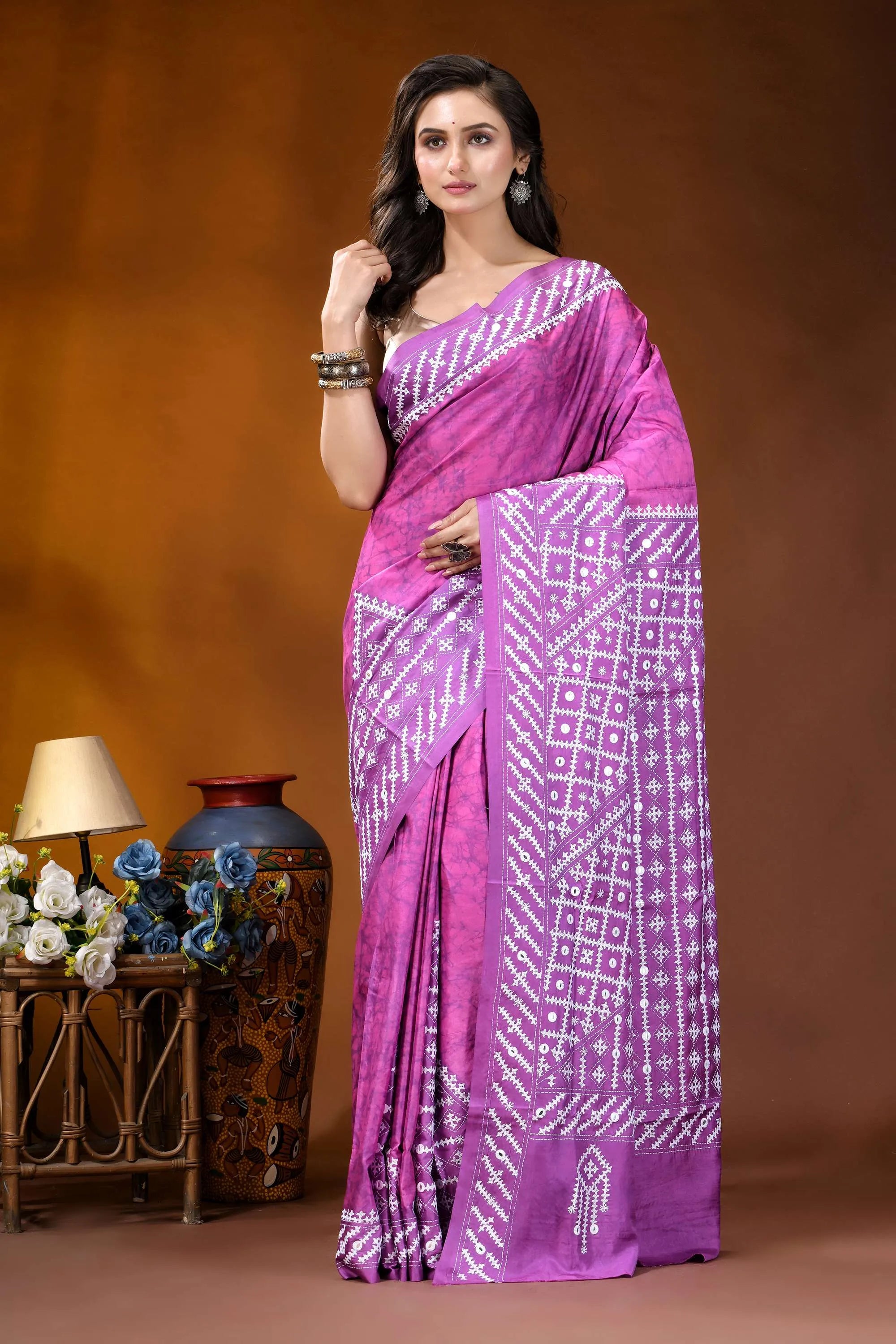 Pale magenta geometric hand batik gujrati stitch dyed silk saree with mirror detailing vibrant purple saree intricate