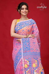 Pale magenta pink jamdani weave saree pink saree blue yellow accents 2