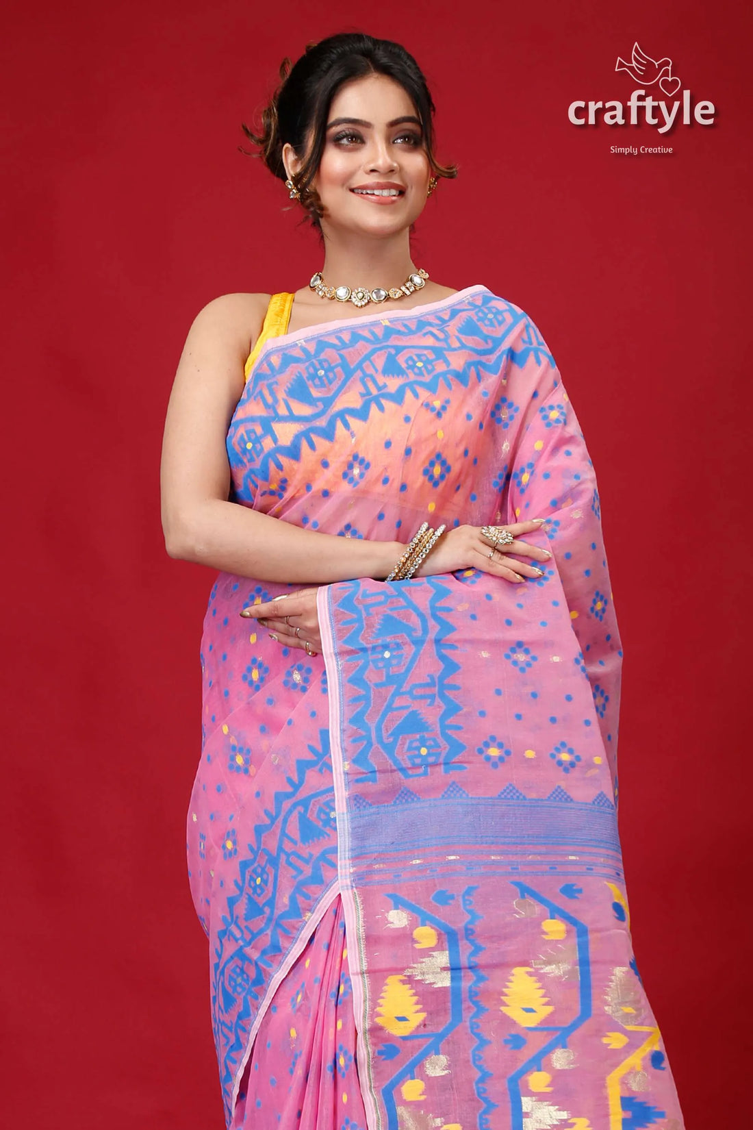Pale magenta pink jamdani weave saree blue yellow accents 2