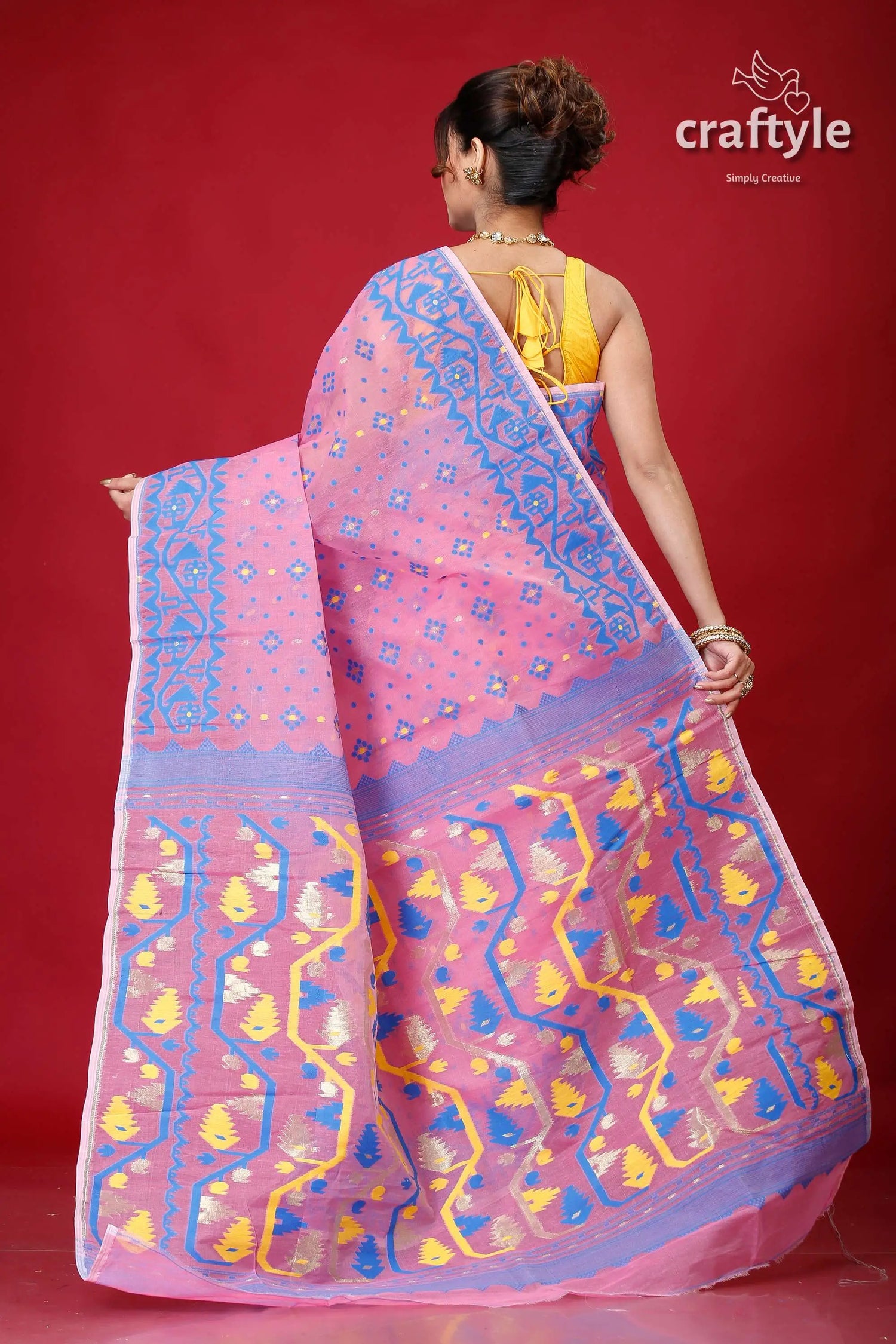 Pale magenta pink jamdani weave saree pink saree blue yellow patterns 6